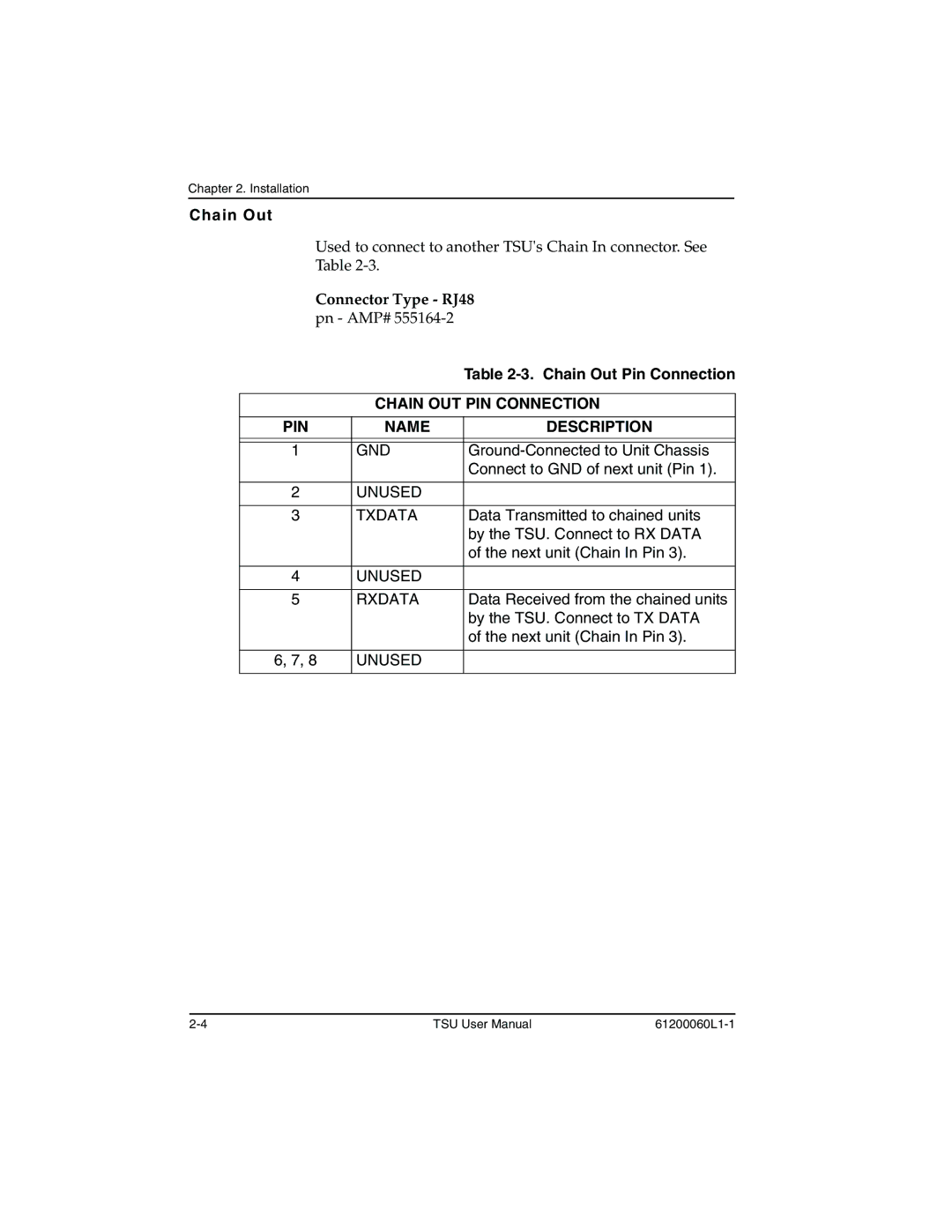 ADTRAN T1-FT1 user manual Chain Out Pin Connection, Chain OUT PIN Connection 