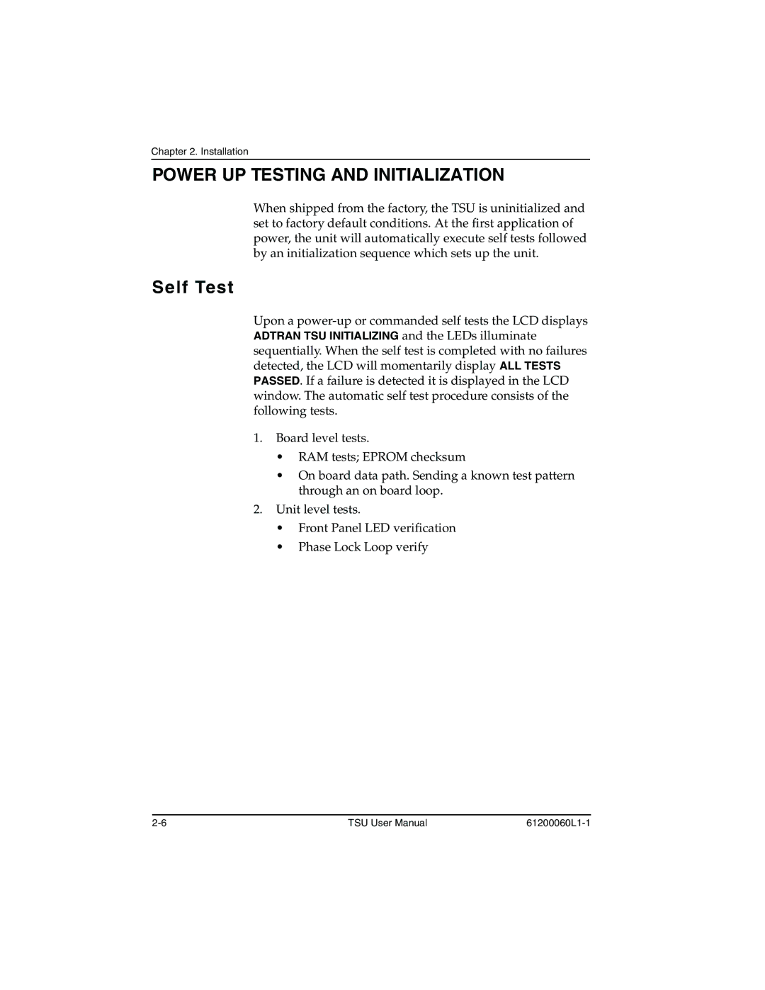 ADTRAN T1-FT1 user manual Power UP Testing and Initialization, Self Test 