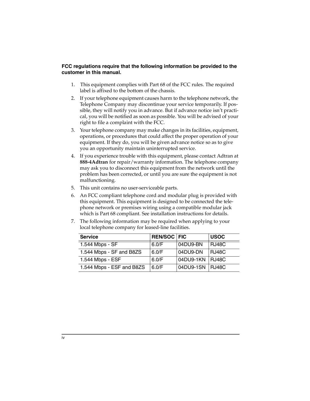 ADTRAN T1-FT1 user manual Service, REN/SOC FIC Usoc 