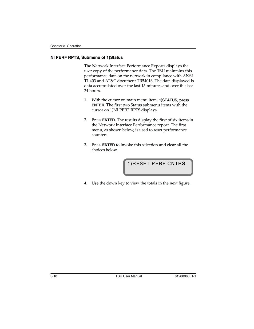 ADTRAN T1-FT1 user manual 1RESET Perf Cntrs, NI Perf RPTS, Submenu of 1Status 