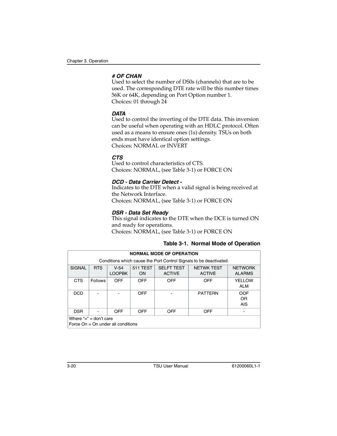 ADTRAN T1-FT1 user manual # of Chan, Normal Mode of Operation 