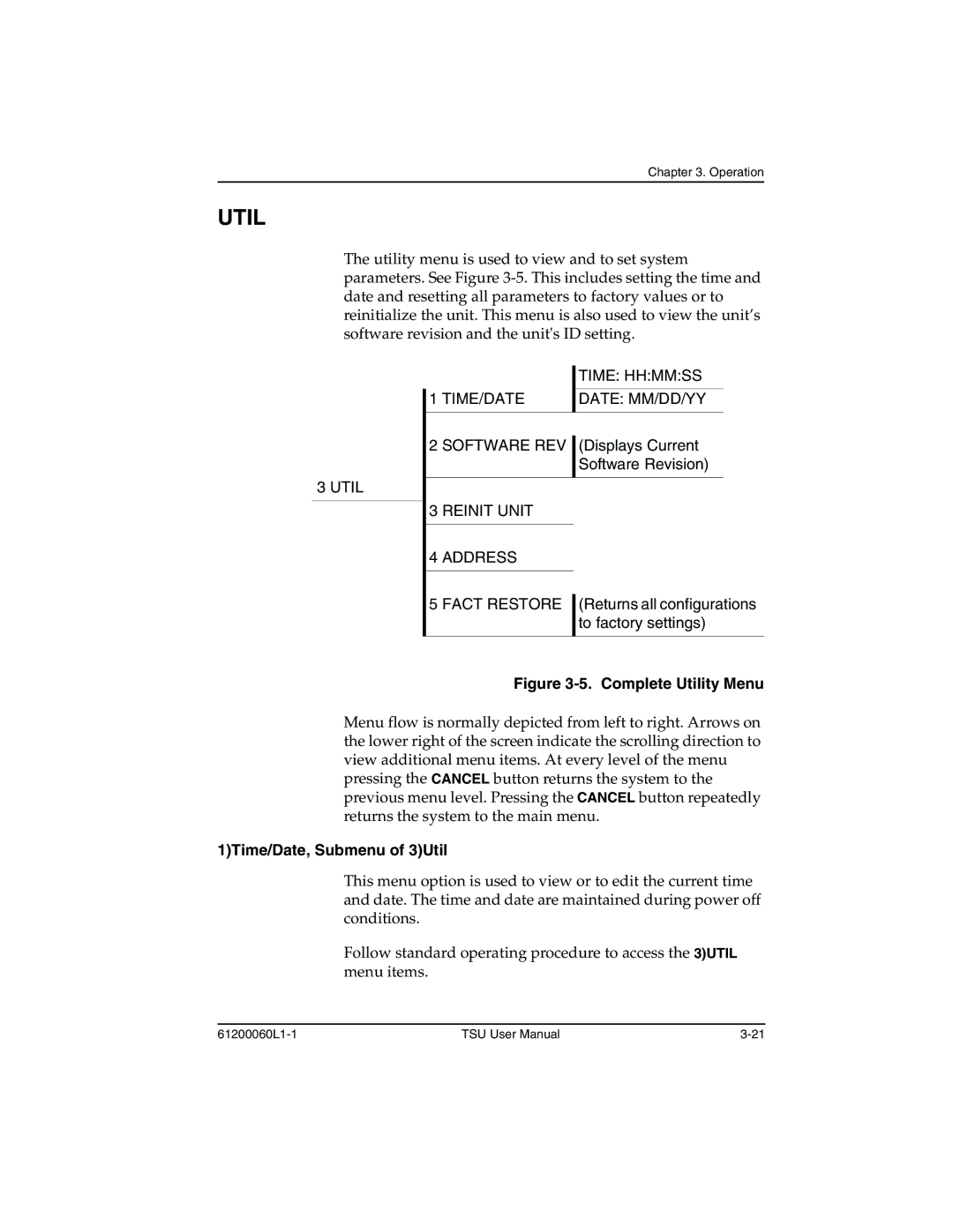 ADTRAN T1-FT1 user manual 1Time/Date, Submenu of 3Util 