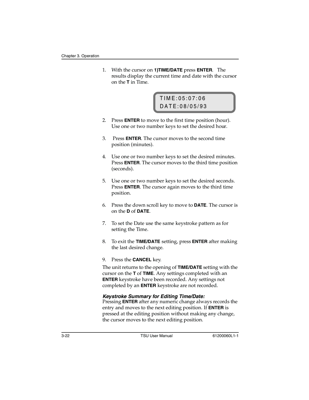 ADTRAN T1-FT1 user manual M E 0 5 0 7 0 T E 0 8 / 0 5 / 9, Keystroke Summary for Editing Time/Date 