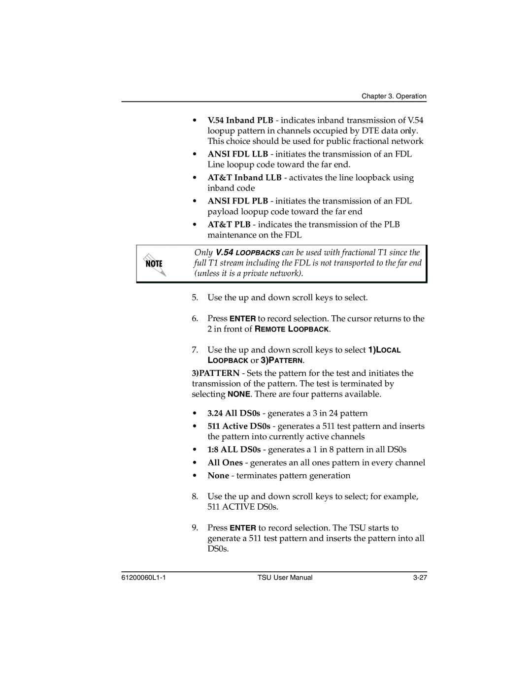 ADTRAN T1-FT1 user manual Loopback or 3PATTERN 