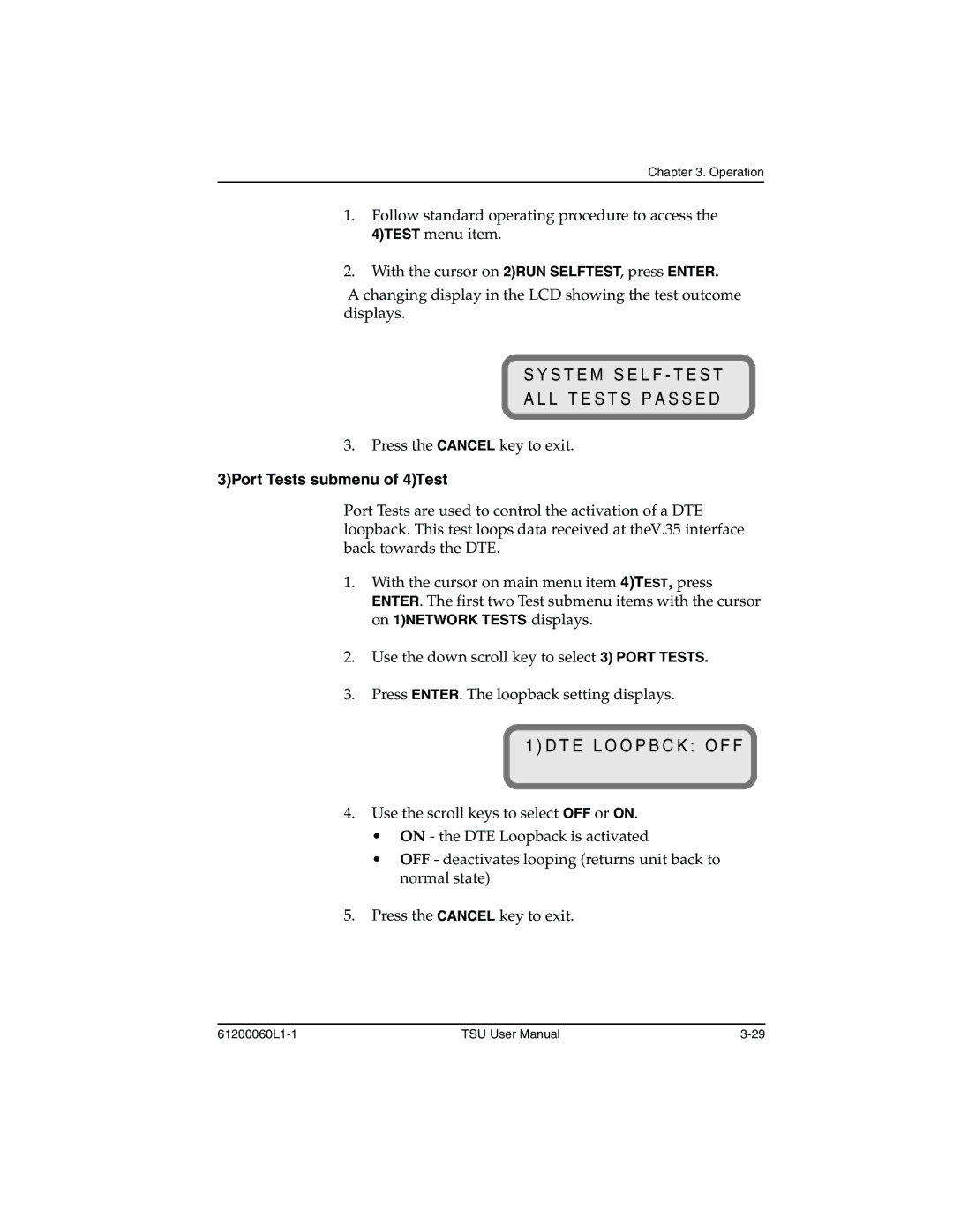 ADTRAN T1-FT1 user manual S T E M S E L F T E S T, T E L O O P B C K O F F, 3Port Tests submenu of 4Test 