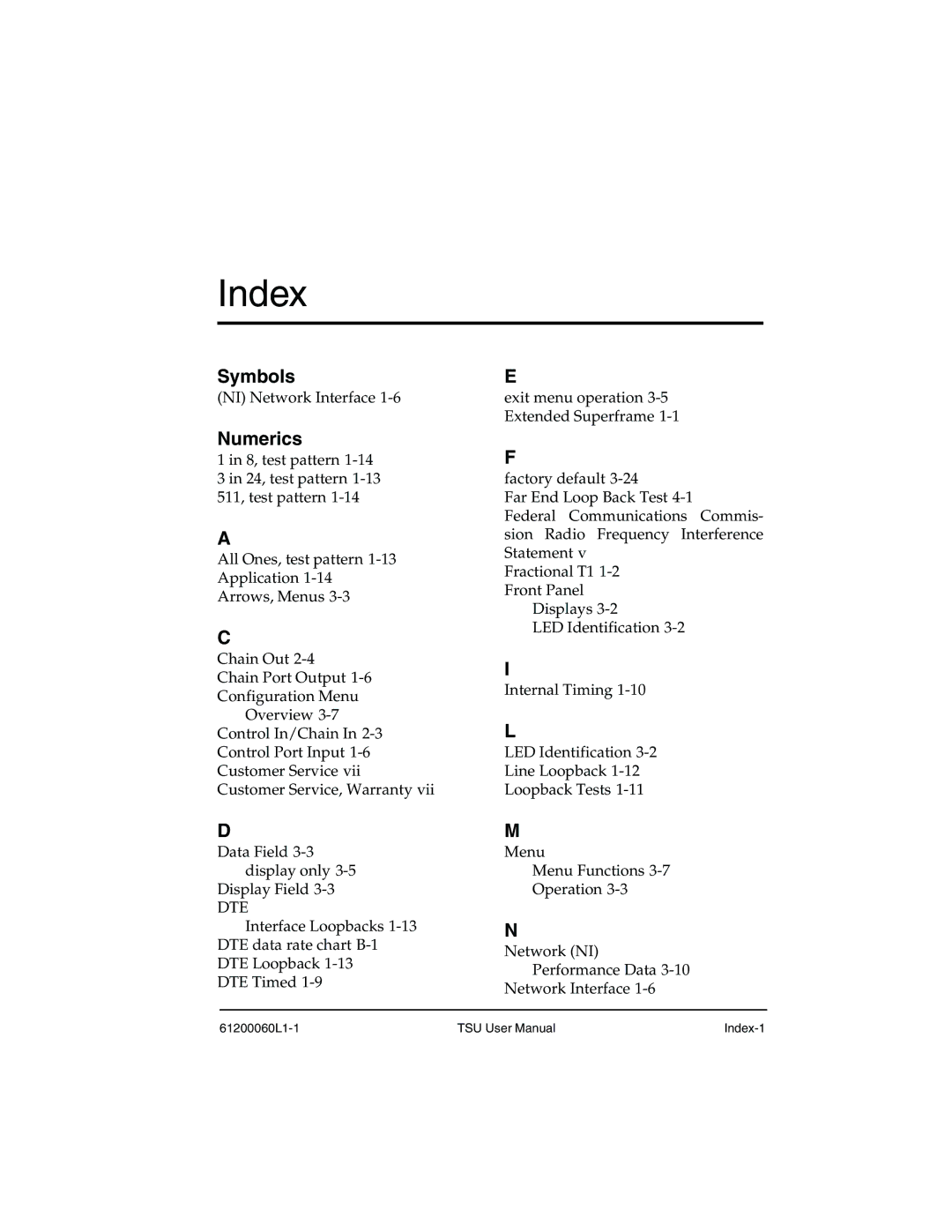 ADTRAN T1-FT1 user manual Index, Numerics 