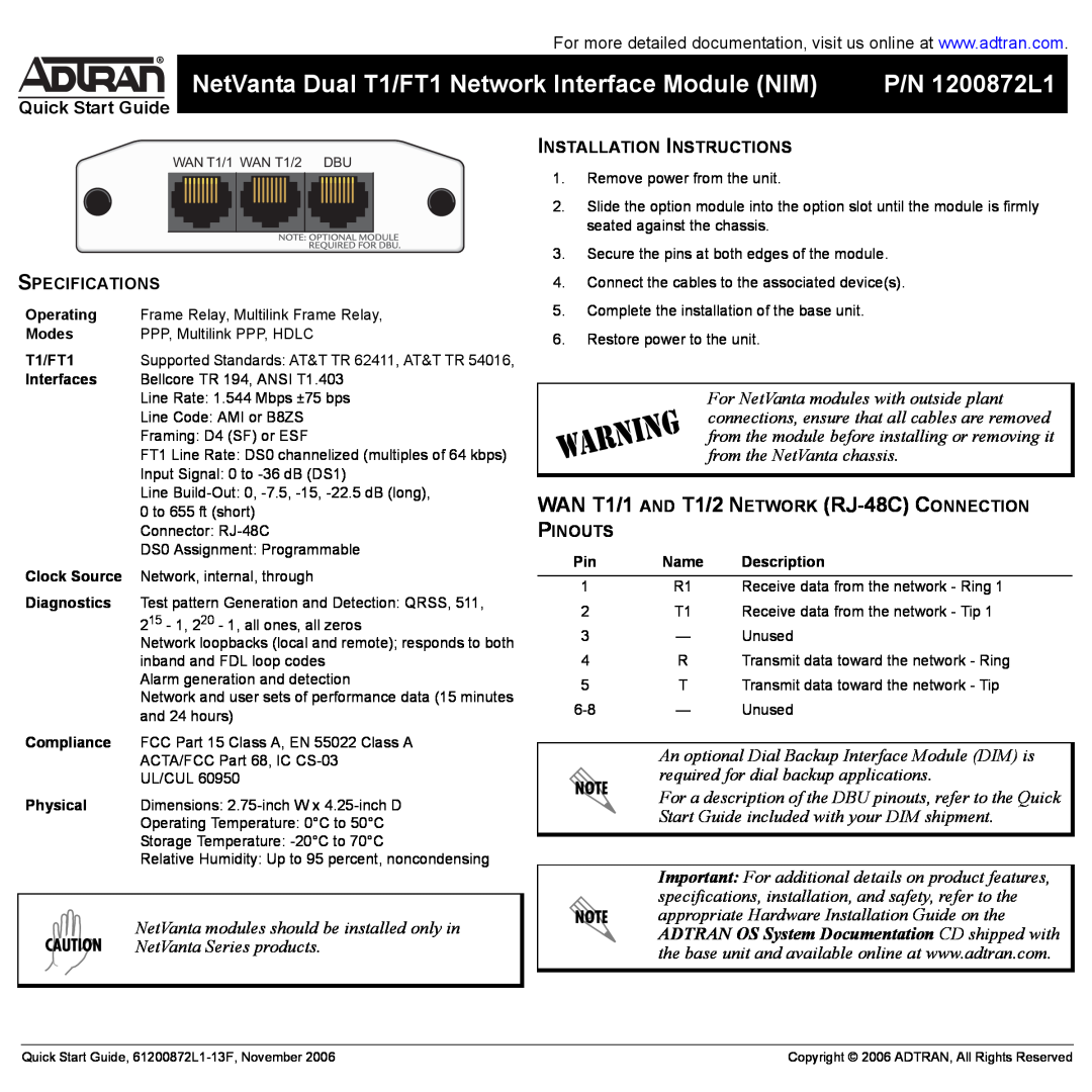 ADTRAN quick start NetVanta Dual T1/FT1 Network Interface Module NIM, P/N 1200872L1, Quick Start Guide 