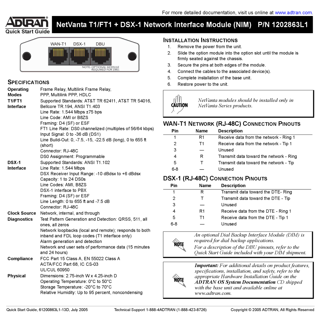 ADTRAN T1/FT1 + DSX-1 quick start DSX-1 RJ-48C C Onnection P Inouts 