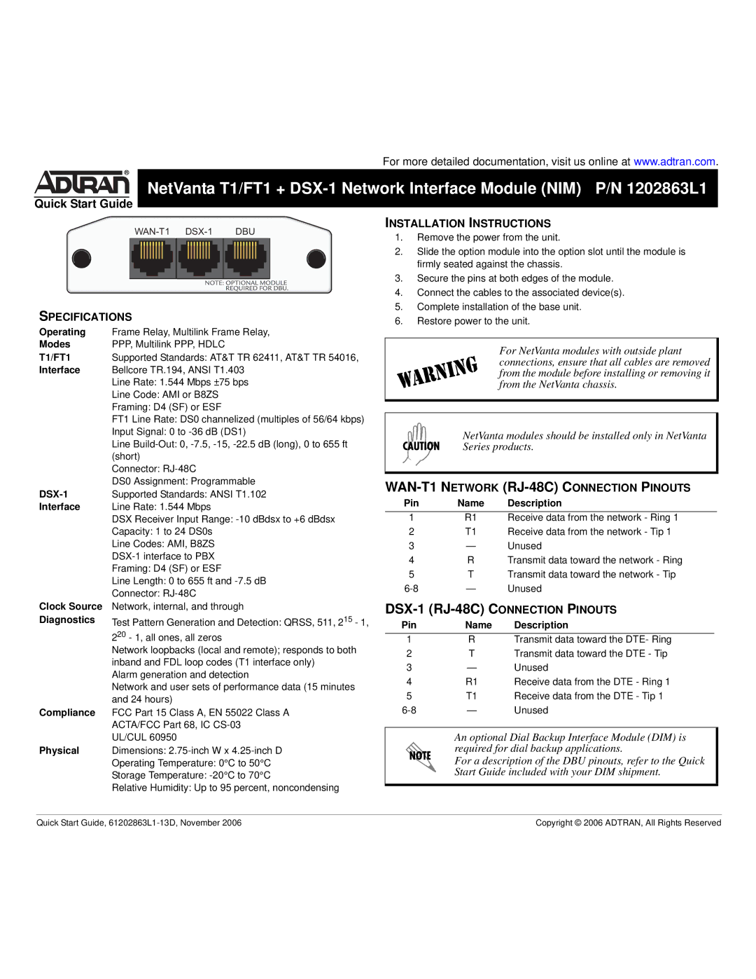 ADTRAN T1/FT1 quick start DSX-1 RJ-48C C Onnection P Inouts 