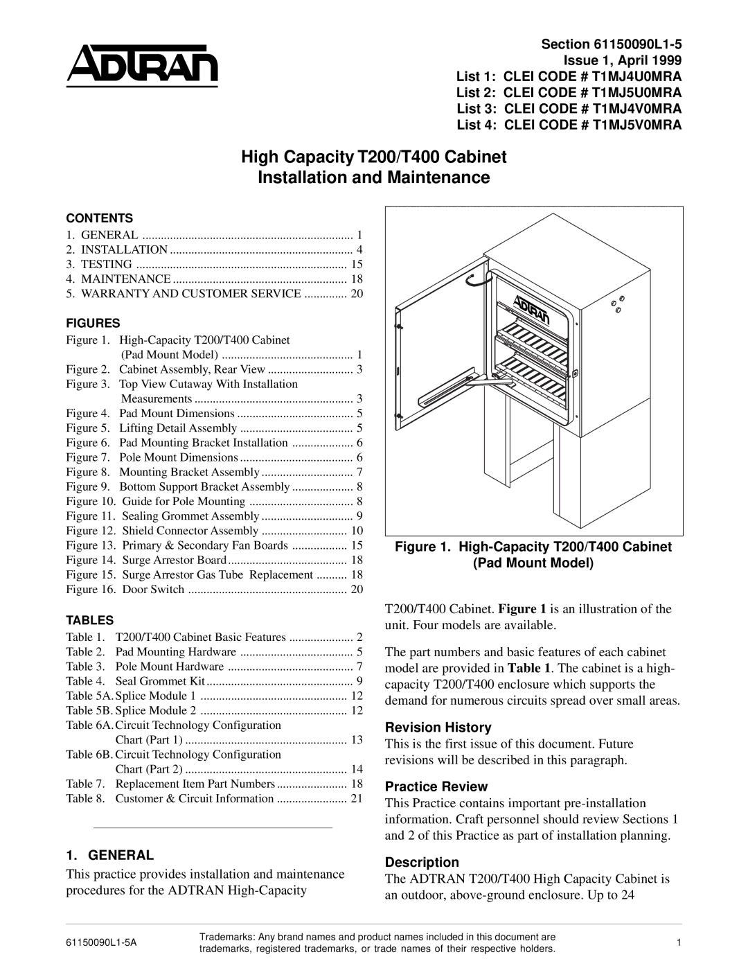 ADTRAN T200 H2TU-R dimensions General, Revision History, Practice Review, Description 