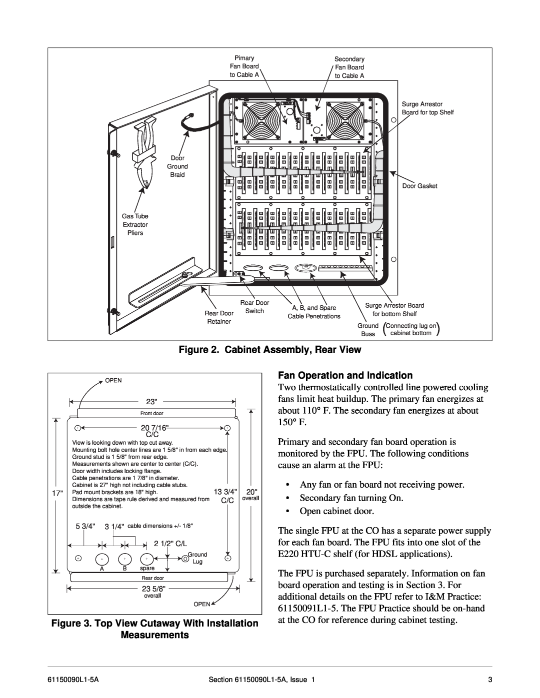 ADTRAN T200 H2TU-R dimensions Cabinet Assembly, Rear View, Top View Cutaway With Installation Measurements 