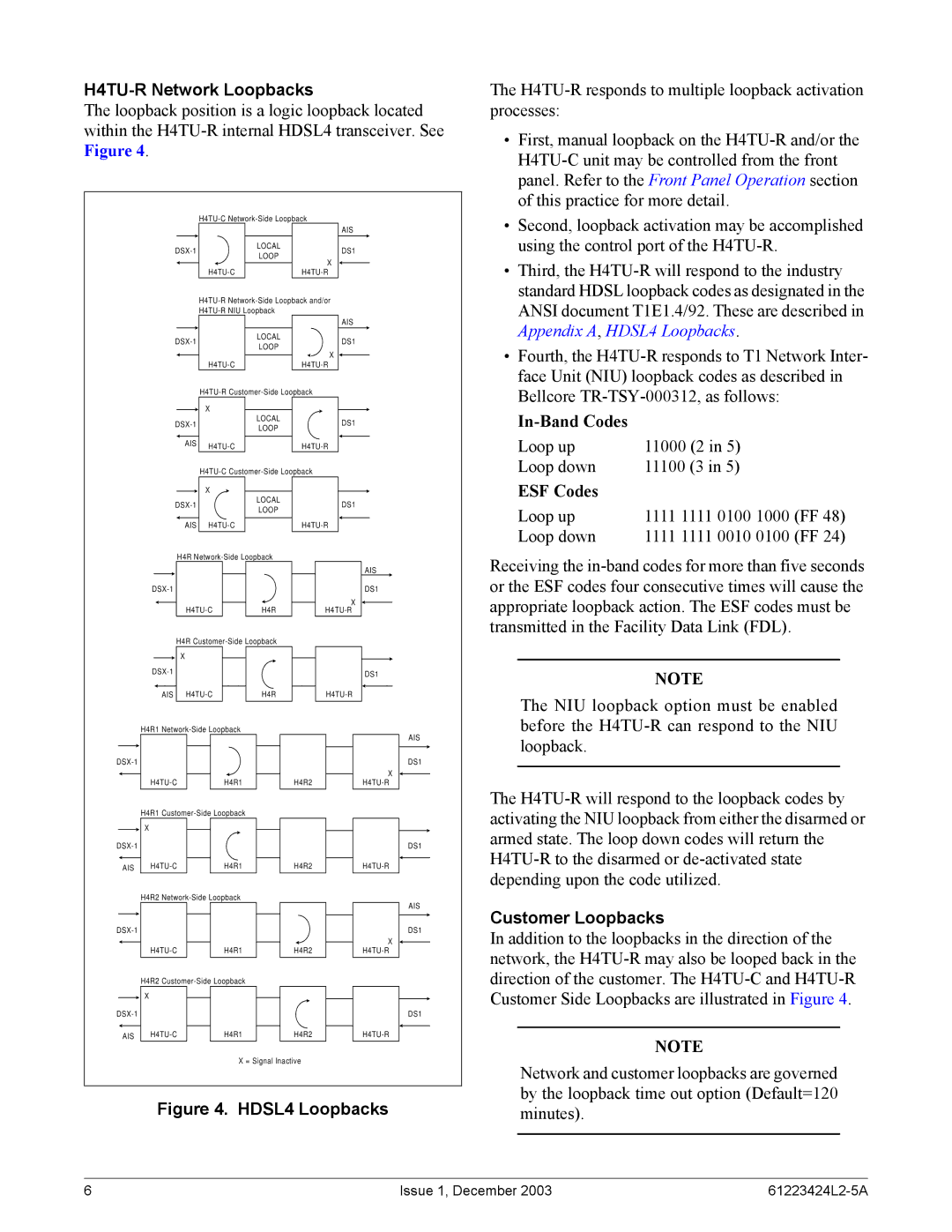 ADTRAN T200 H4TU-R specifications H4TU-R Network Loopbacks, Customer Loopbacks 