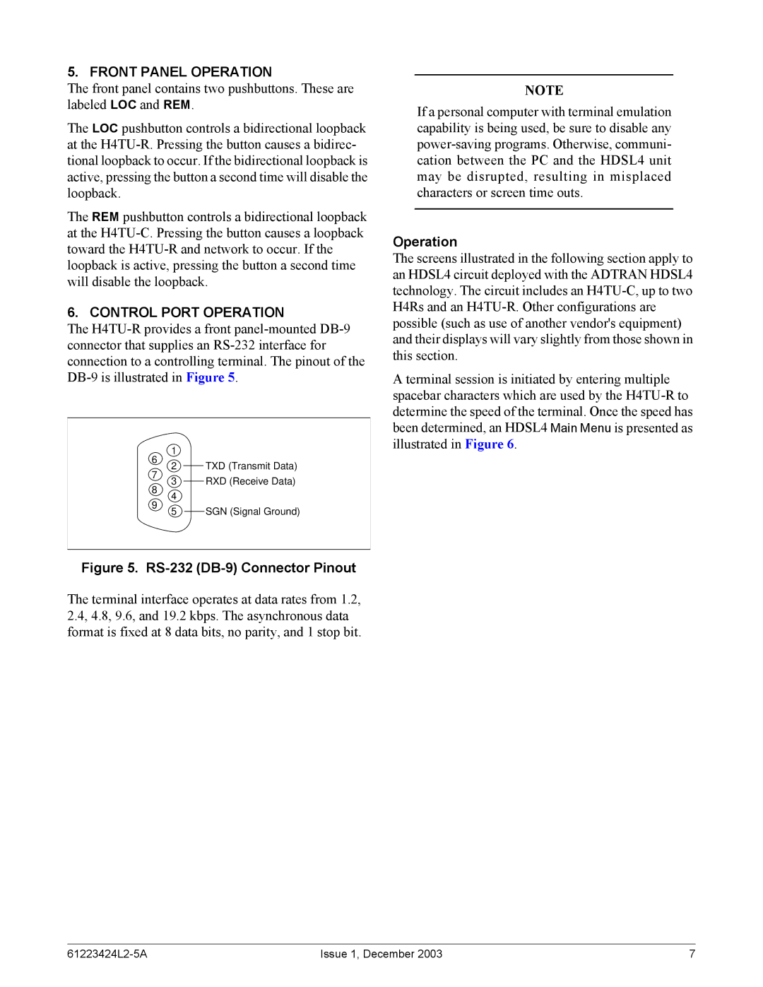 ADTRAN T200 H4TU-R specifications Front Panel Operation, Control Port Operation 