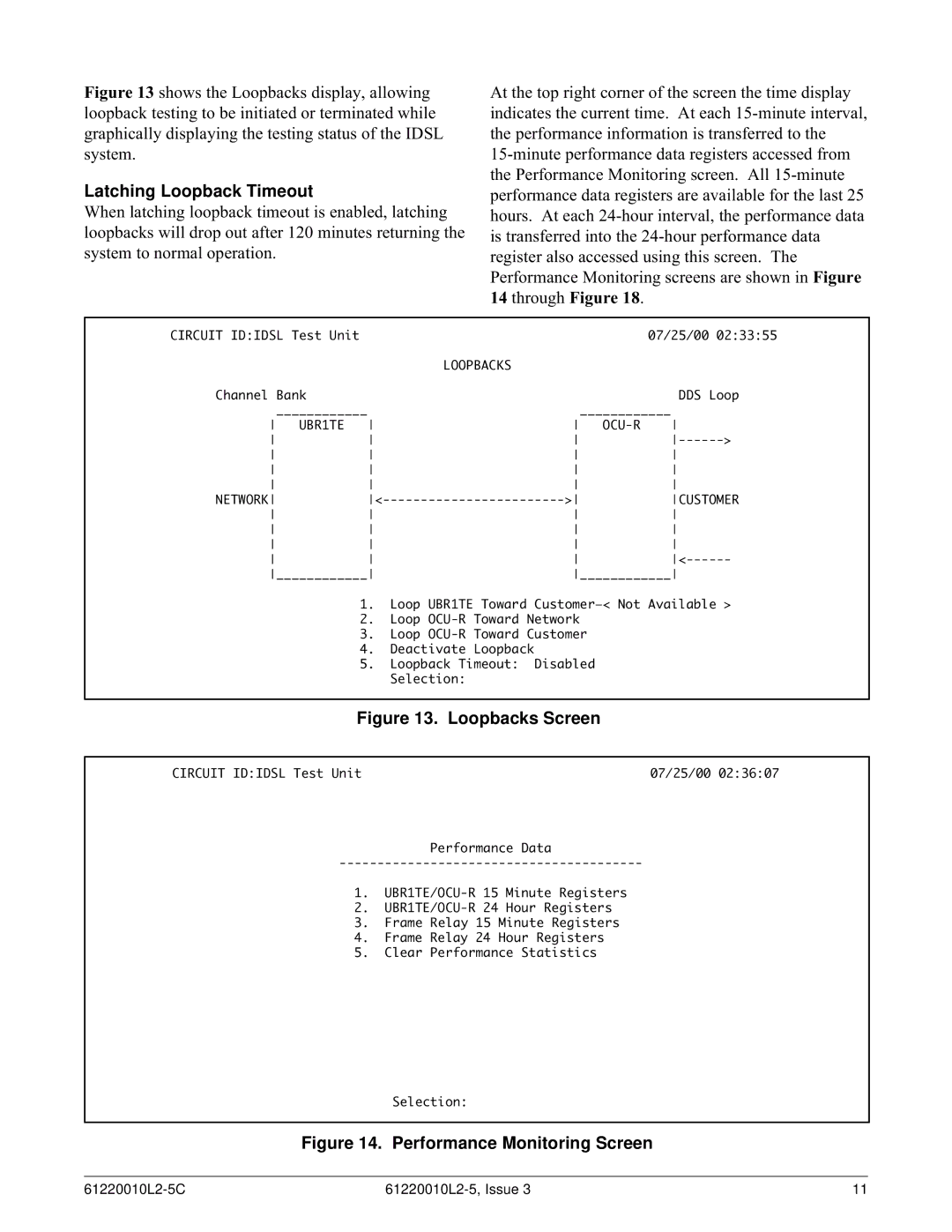 ADTRAN T200 IDSL warranty Latching Loopback Timeout, Loopbacks, OCU-R Network Customer 