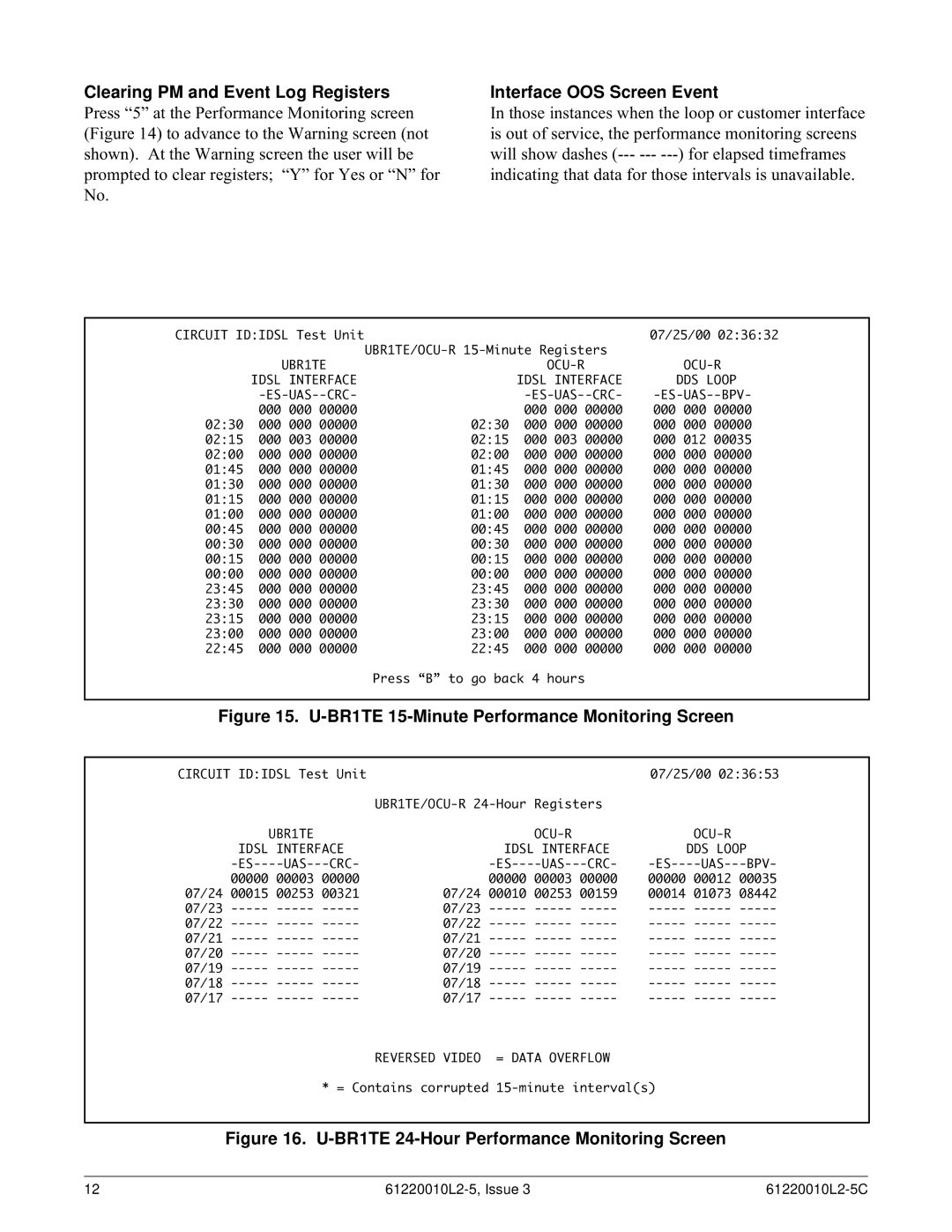 ADTRAN T200 IDSL warranty Clearing PM and Event Log Registers, Interface OOS Screen Event 