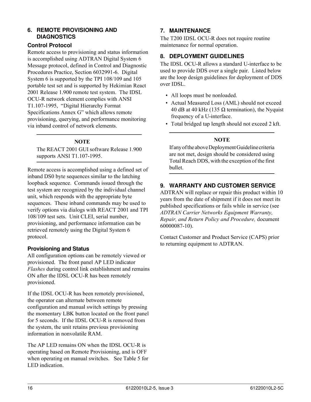 ADTRAN T200 IDSL Remote Provisioning and Diagnostics, Maintenance, Deployment Guidelines, Warranty and Customer Service 