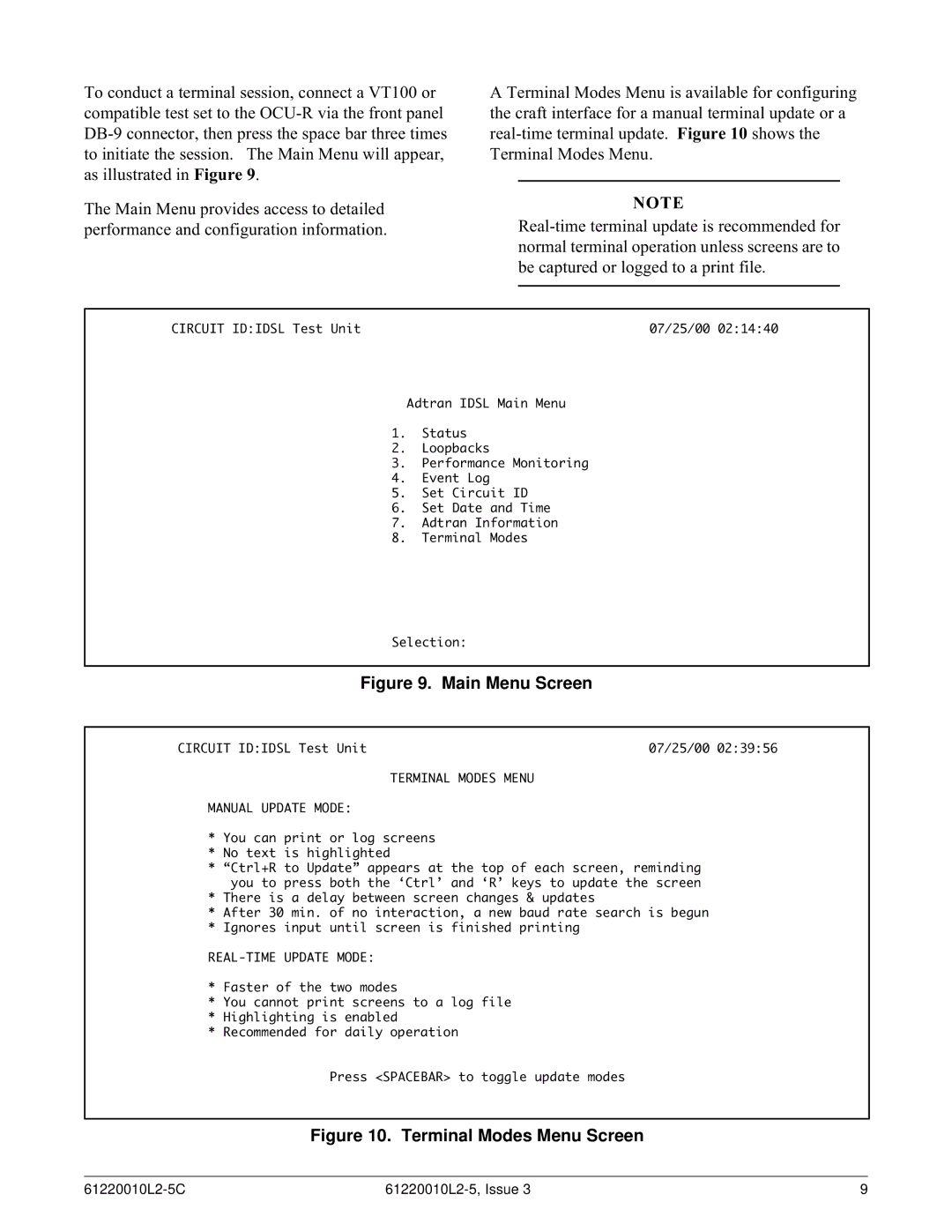 ADTRAN T200 IDSL warranty Terminal Modes Menu Manual Update Mode, REAL-TIME Update Mode 