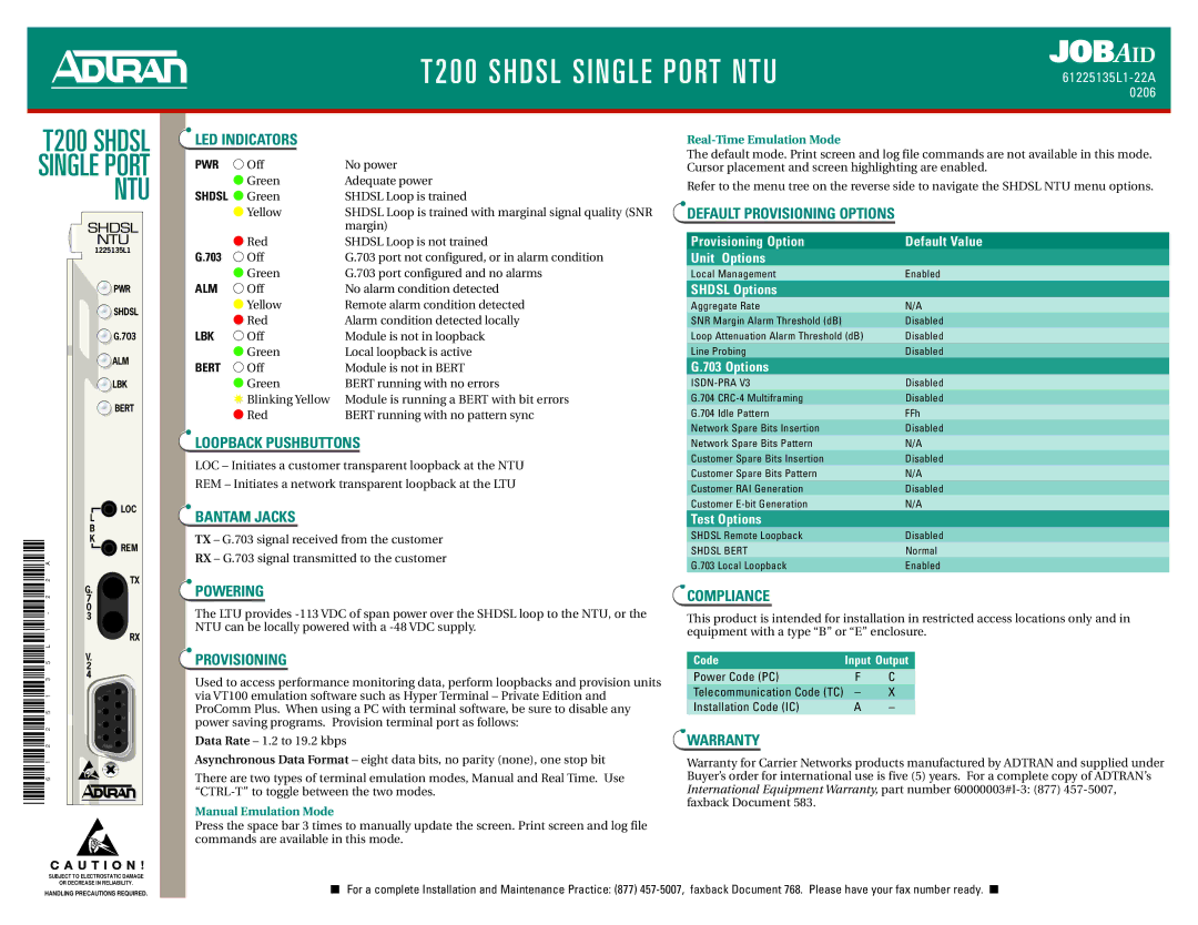 ADTRAN T200 SHDSL warranty LED Indicators, Loopback Pushbuttons, Bantam Jacks, Powering, Default Provisioning Options 