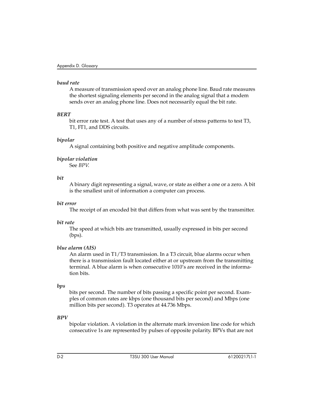 ADTRAN T3SU 300 user manual Bert, Bpv 