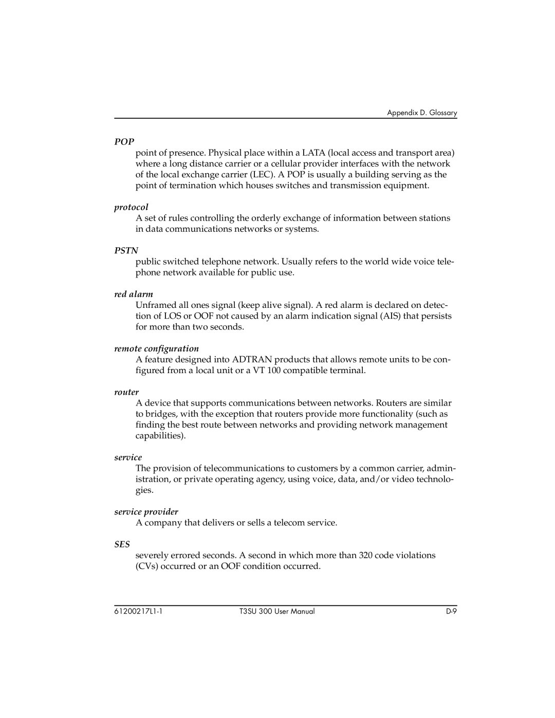 ADTRAN T3SU 300 user manual Pop, Pstn, Ses 