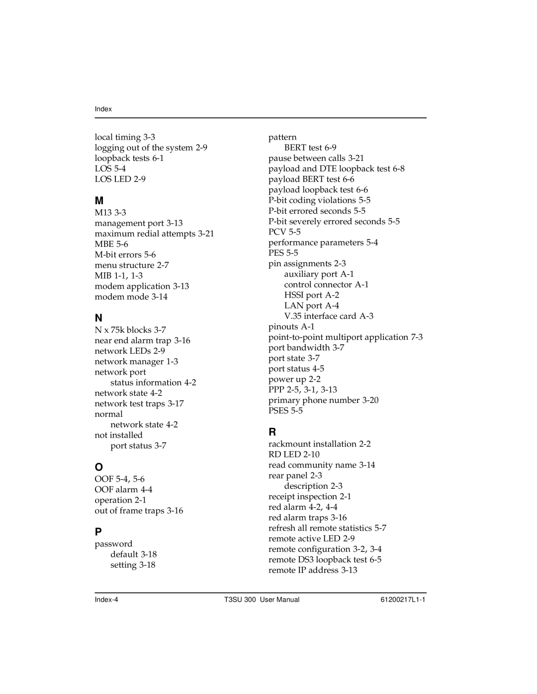 ADTRAN T3SU 300 user manual Index-4 61200217L1-1 