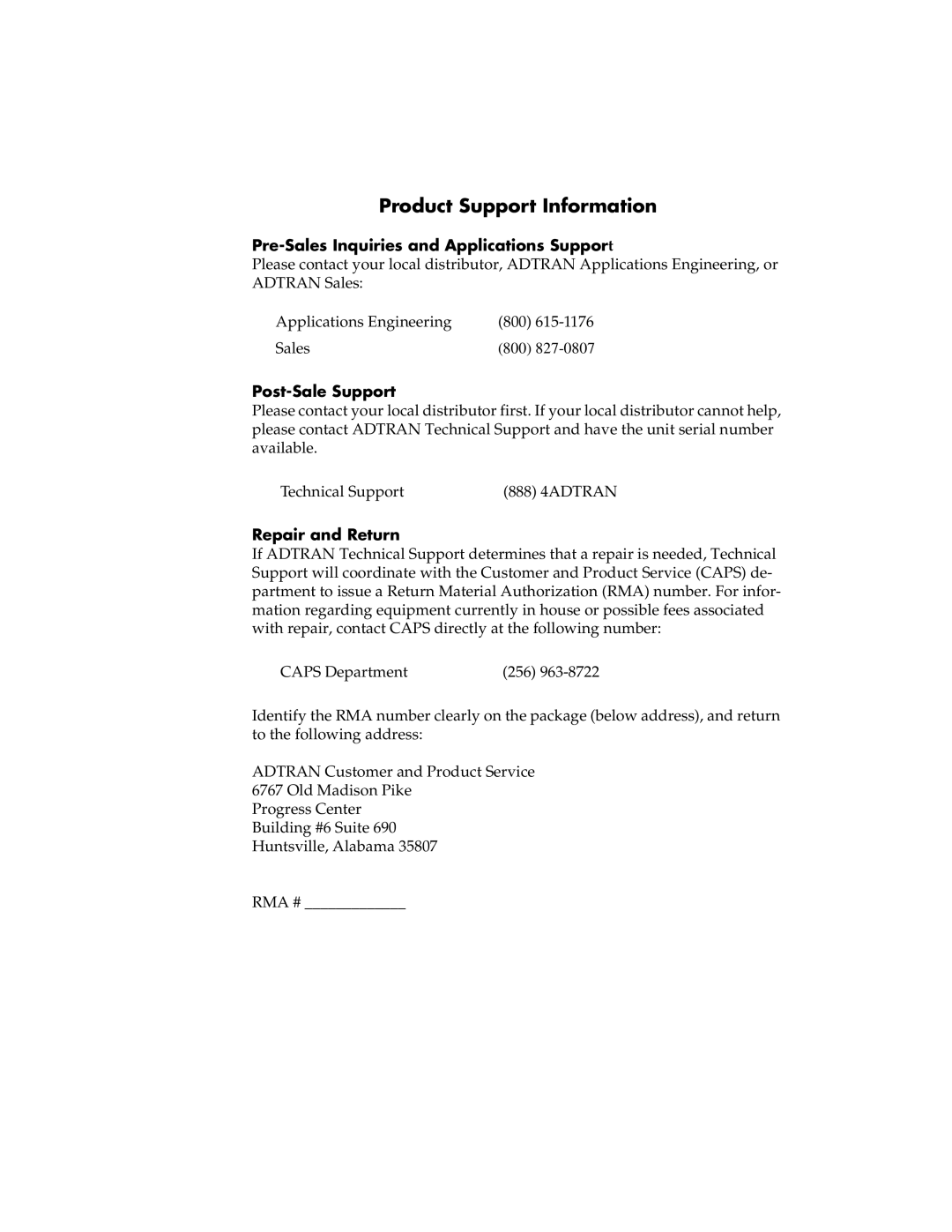 ADTRAN T3SU 300 user manual Pre-Sales Inquiries and Applications Support, Post-Sale Support, Repair and Return 