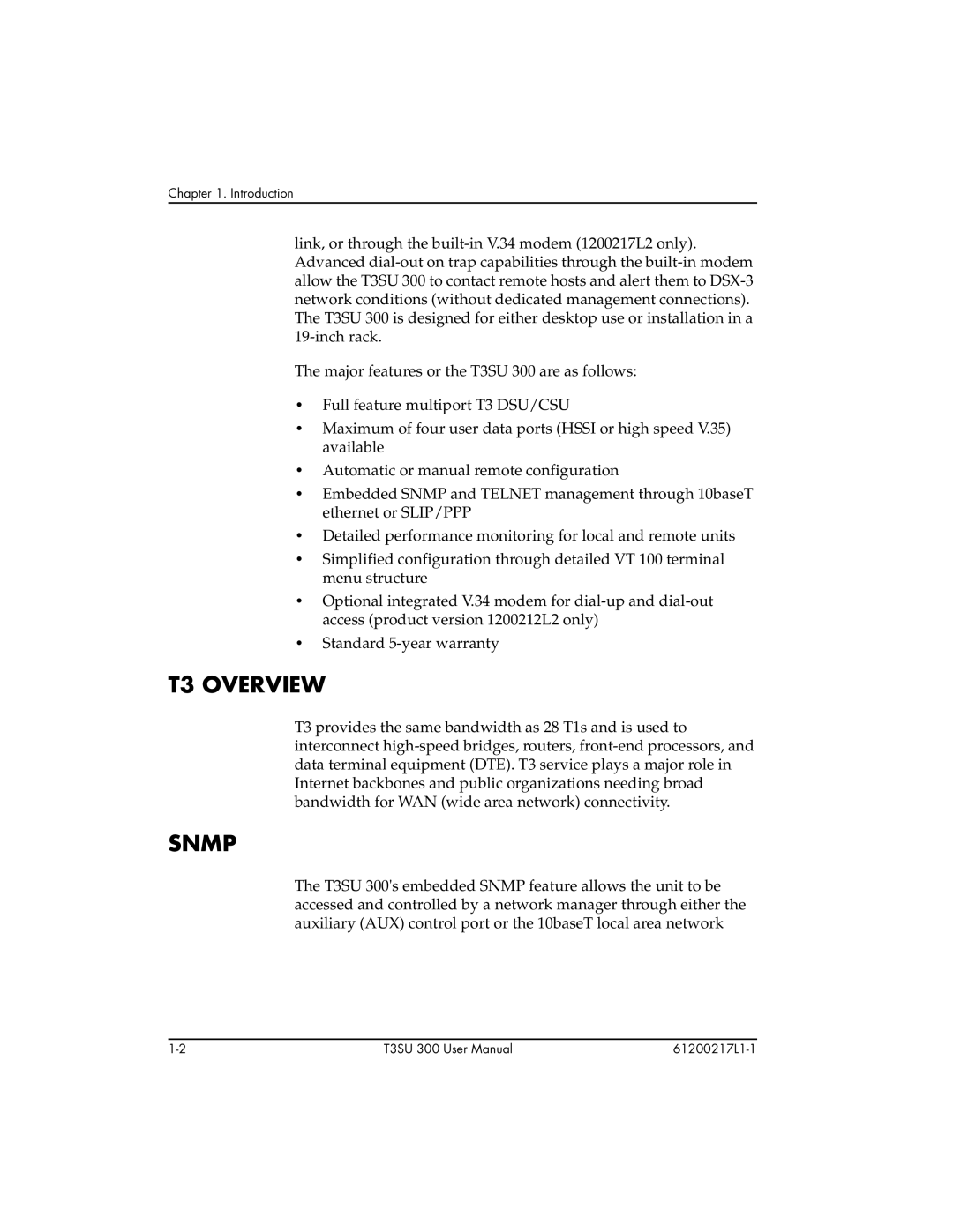 ADTRAN T3SU 300 user manual T3 Overview, Snmp 