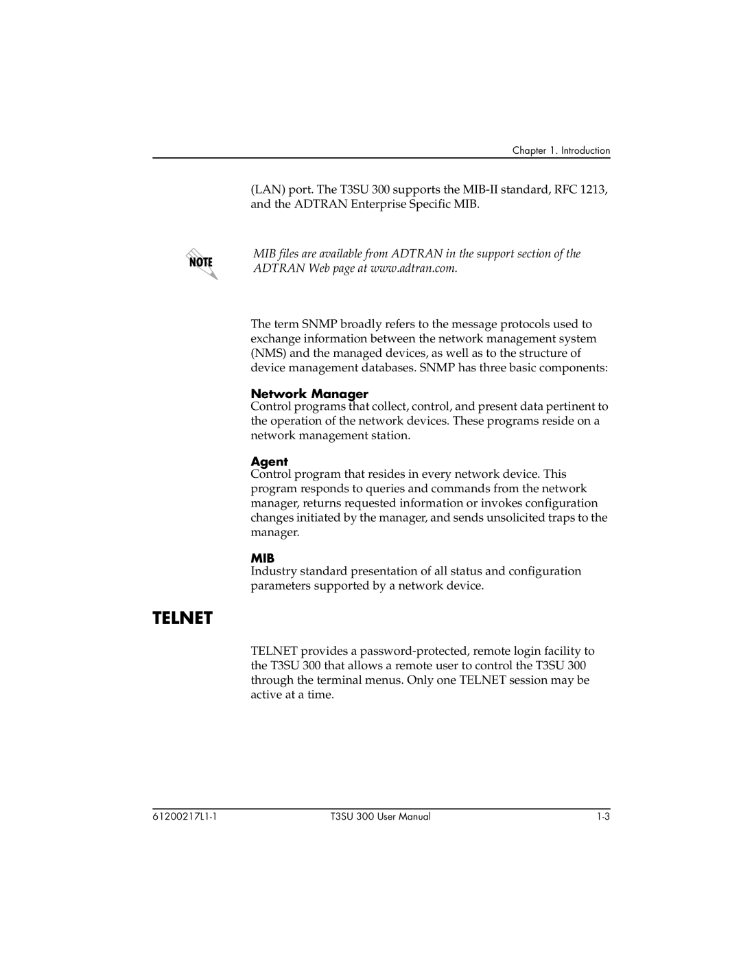 ADTRAN T3SU 300 user manual Telnet, Network Manager, Agent, Mib 