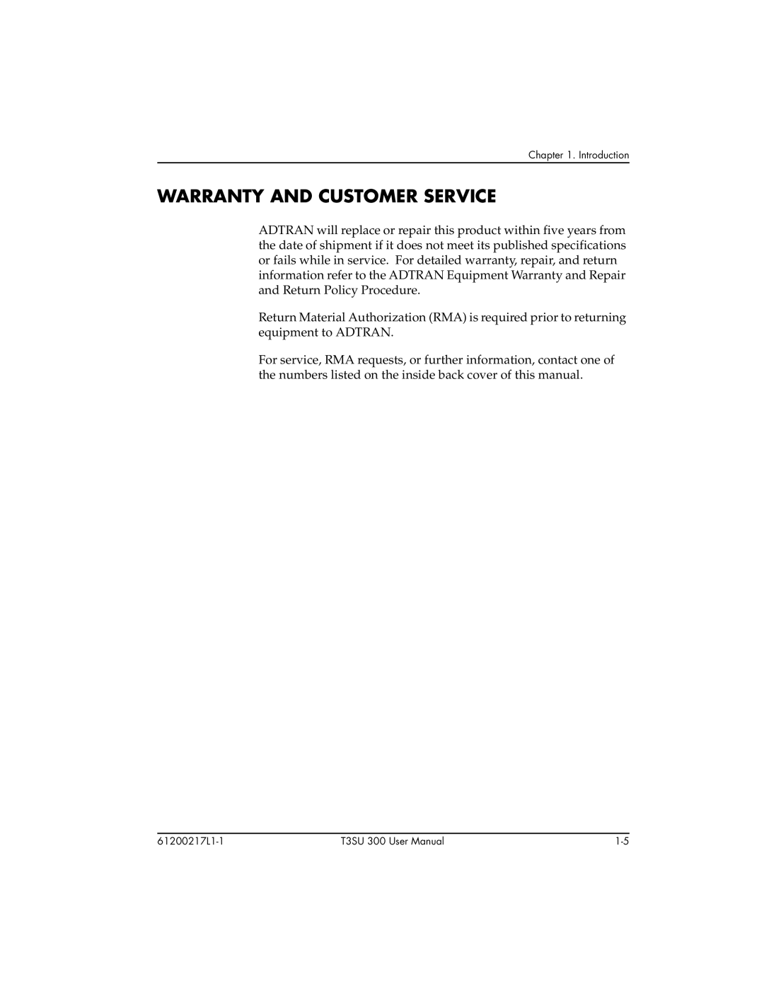 ADTRAN T3SU 300 user manual Warranty and Customer Service 