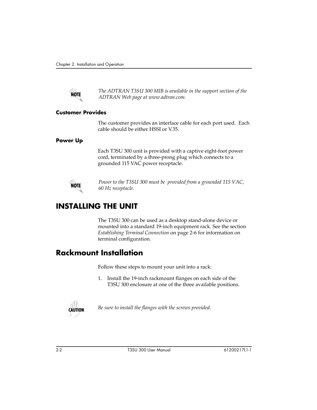 ADTRAN T3SU 300 user manual Installing the Unit, Rackmount Installation, Customer Provides, Power Up 