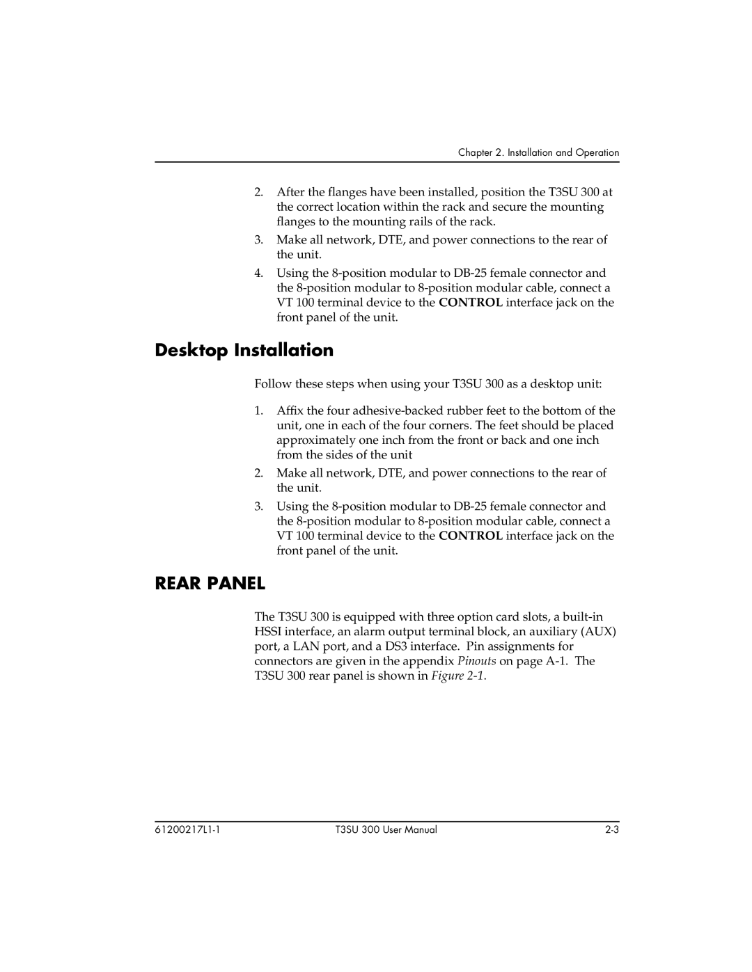 ADTRAN T3SU 300 user manual Desktop Installation, Rear Panel 