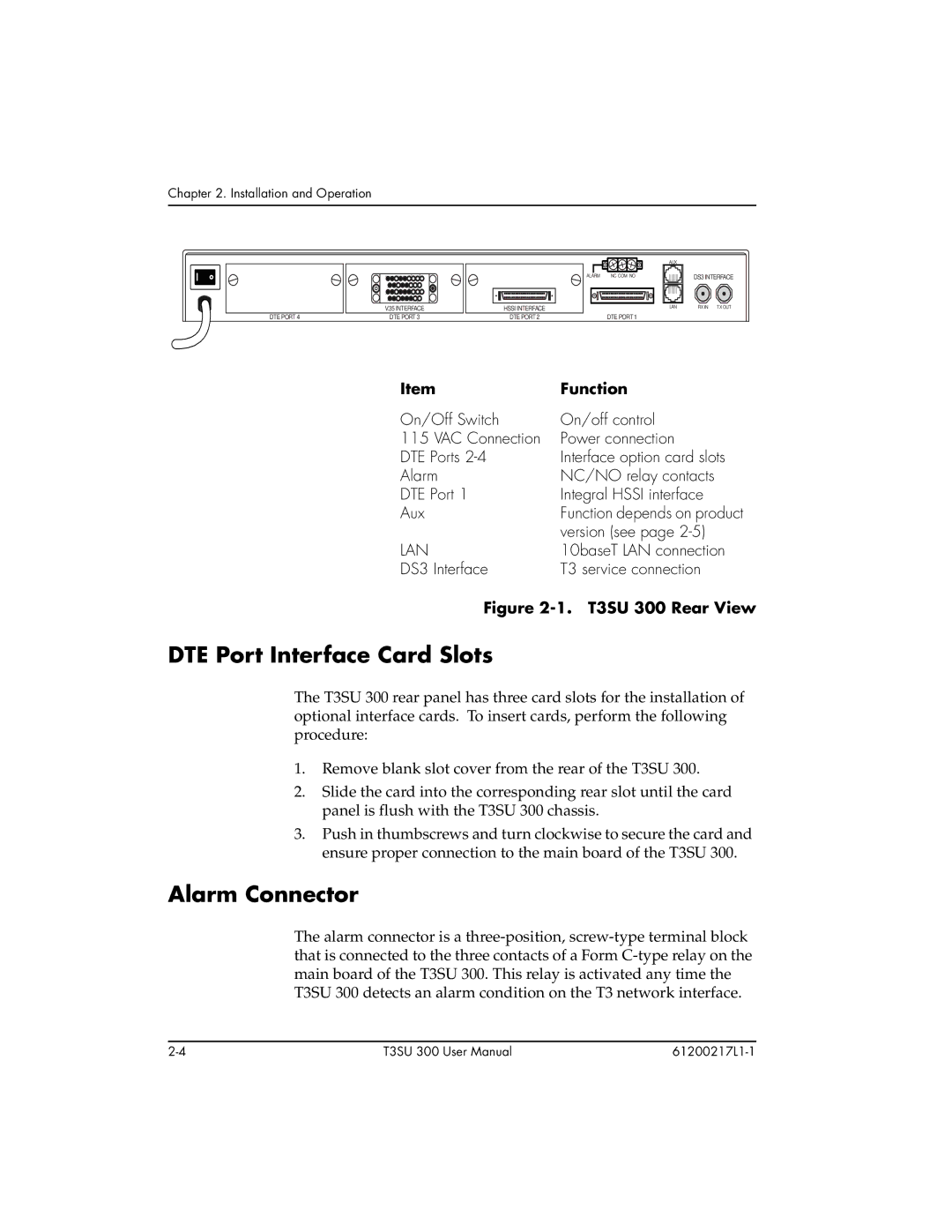 ADTRAN T3SU 300 user manual DTE Port Interface Card Slots, Alarm Connector, Function 