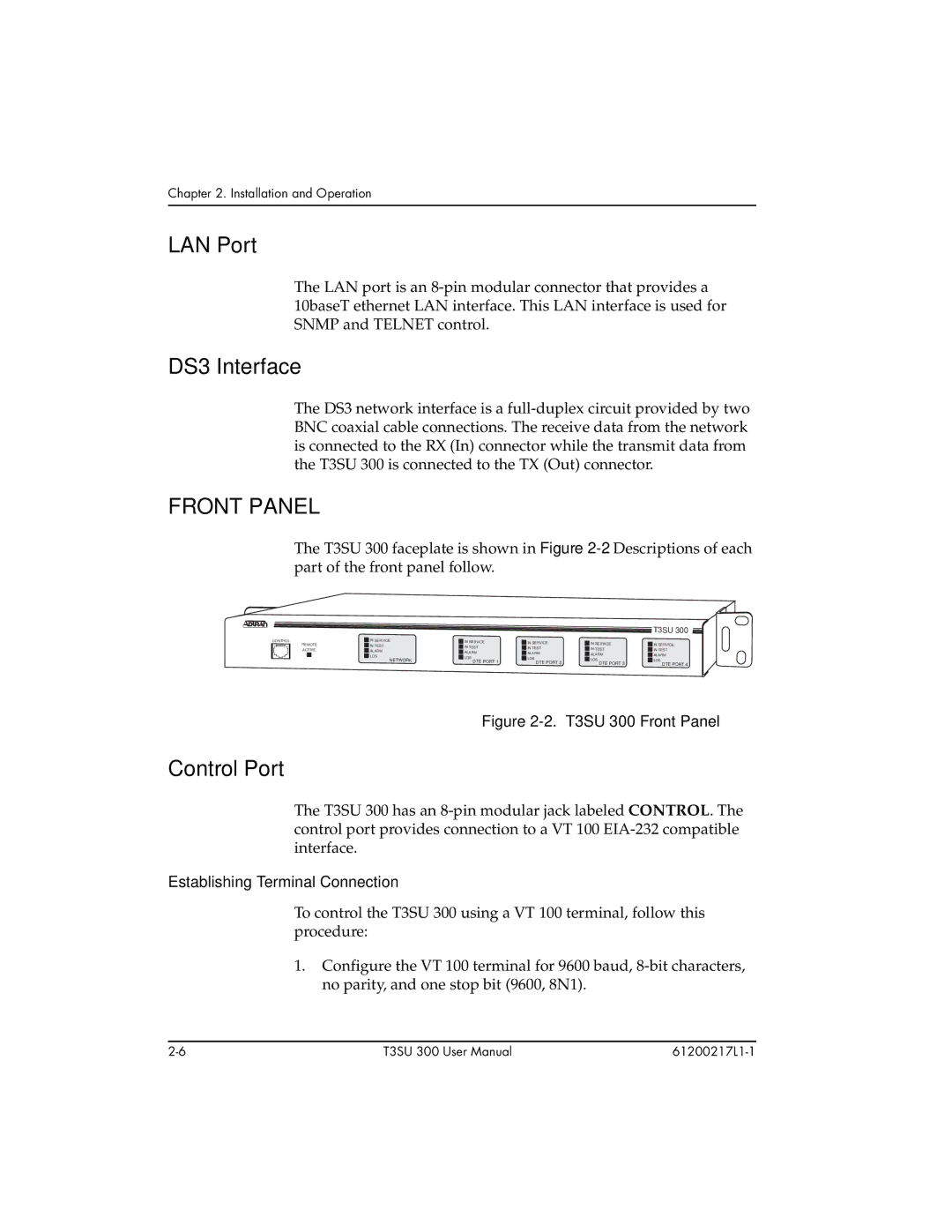 ADTRAN T3SU 300 user manual LAN Port, DS3 Interface, Front Panel, Control Port, Establishing Terminal Connection 