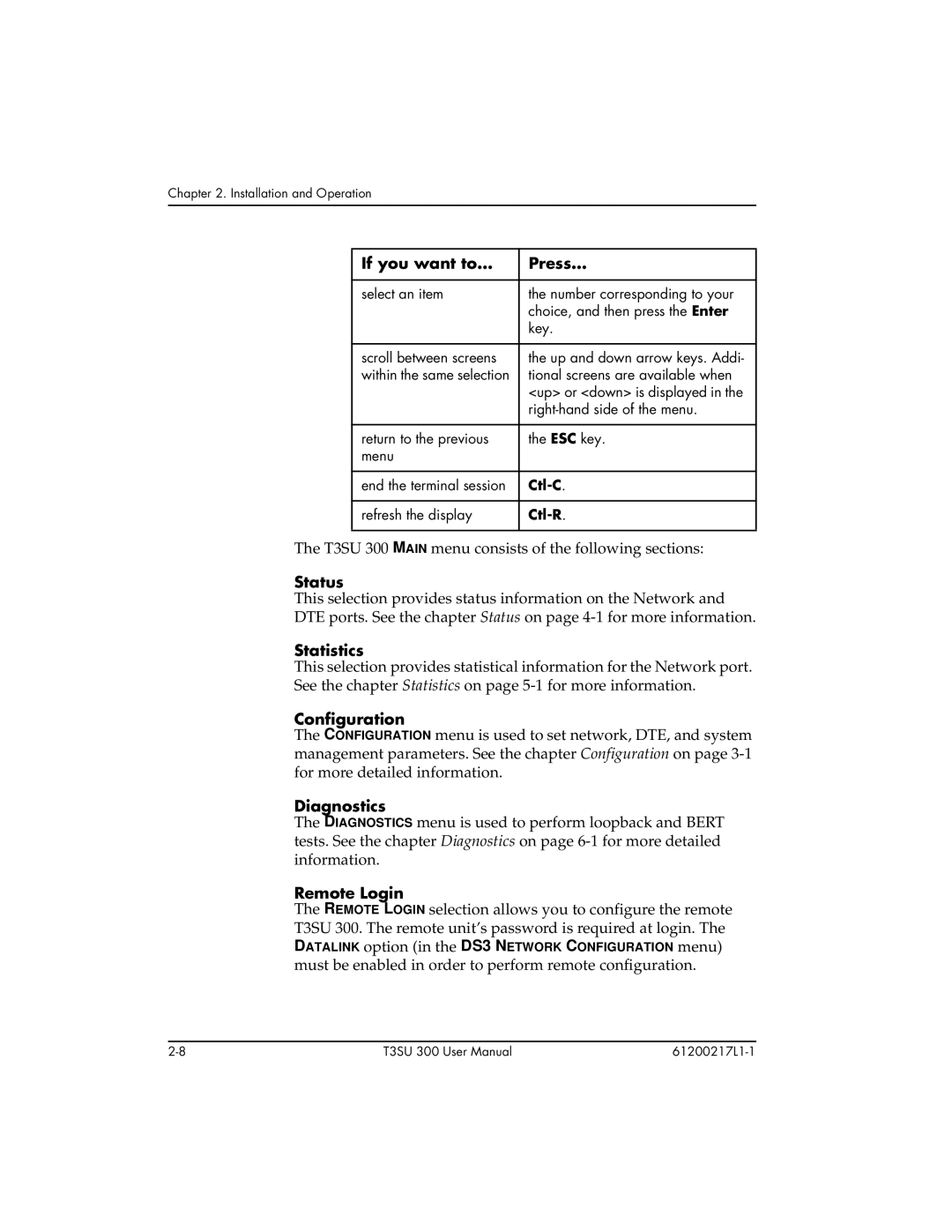 ADTRAN T3SU 300 user manual If you want to Press, Status, Statistics, Configuration, Diagnostics, Remote Login 