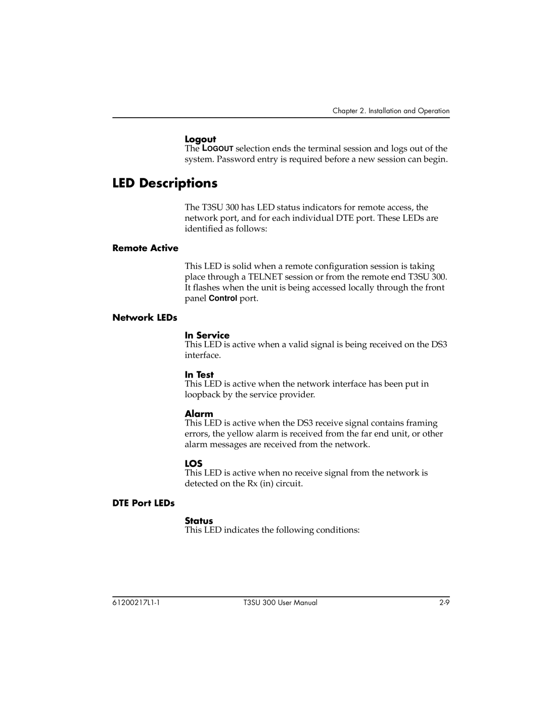 ADTRAN T3SU 300 user manual LED Descriptions, Los 