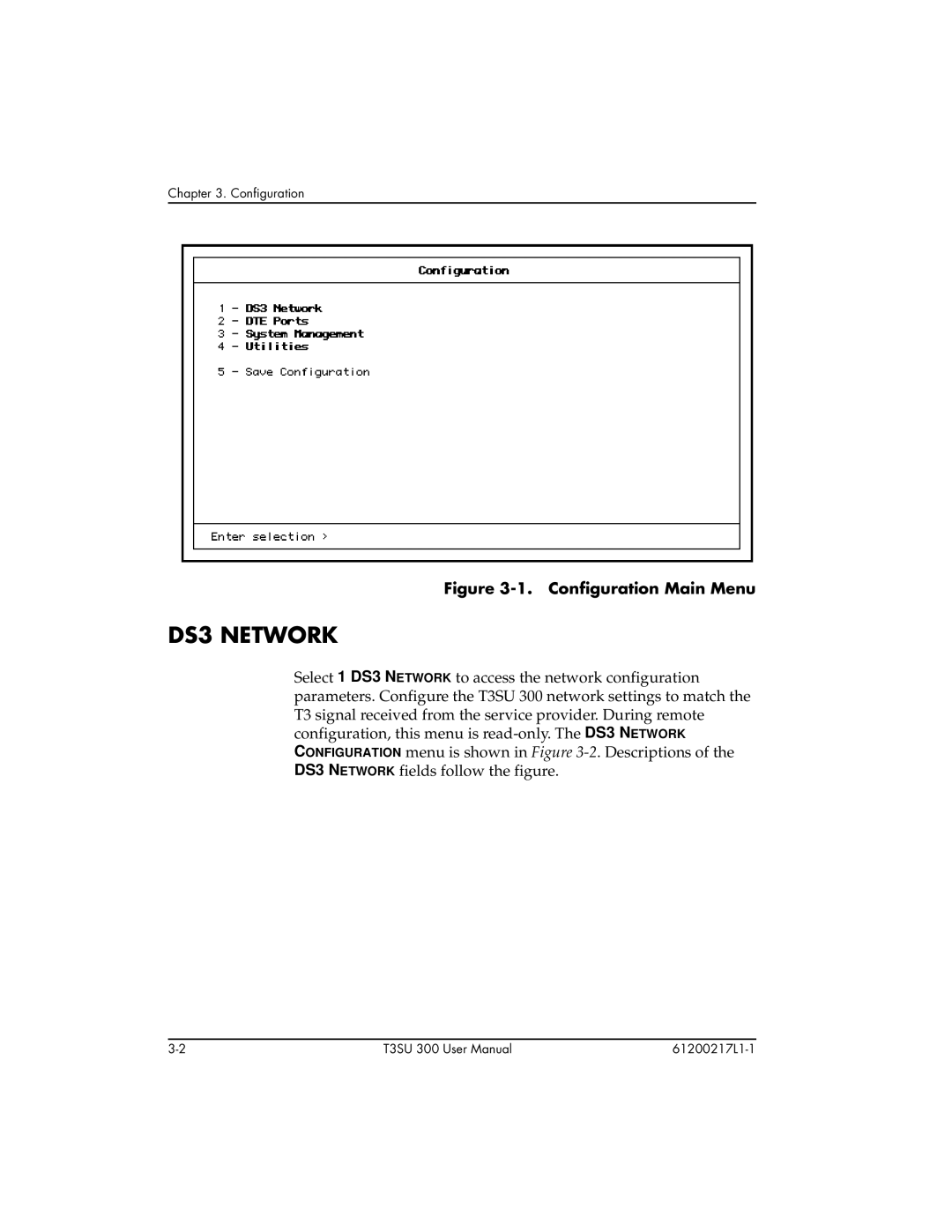 ADTRAN T3SU 300 user manual DS3 Network, Configuration Main Menu 