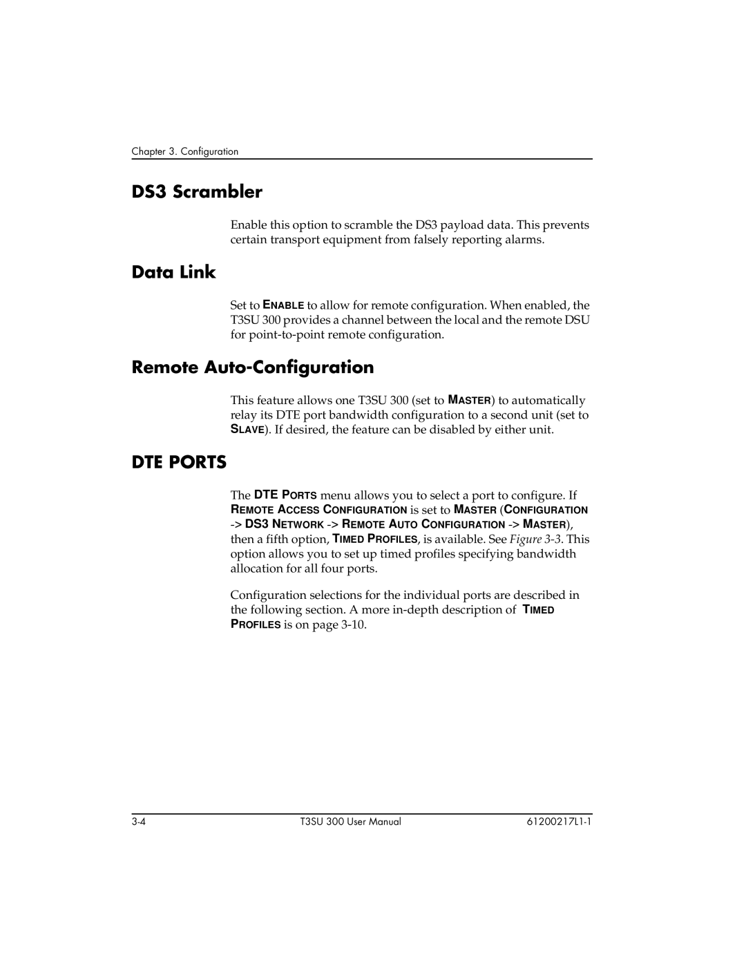 ADTRAN T3SU 300 user manual DS3 Scrambler, Data Link, Remote Auto-Configuration, DTE Ports 