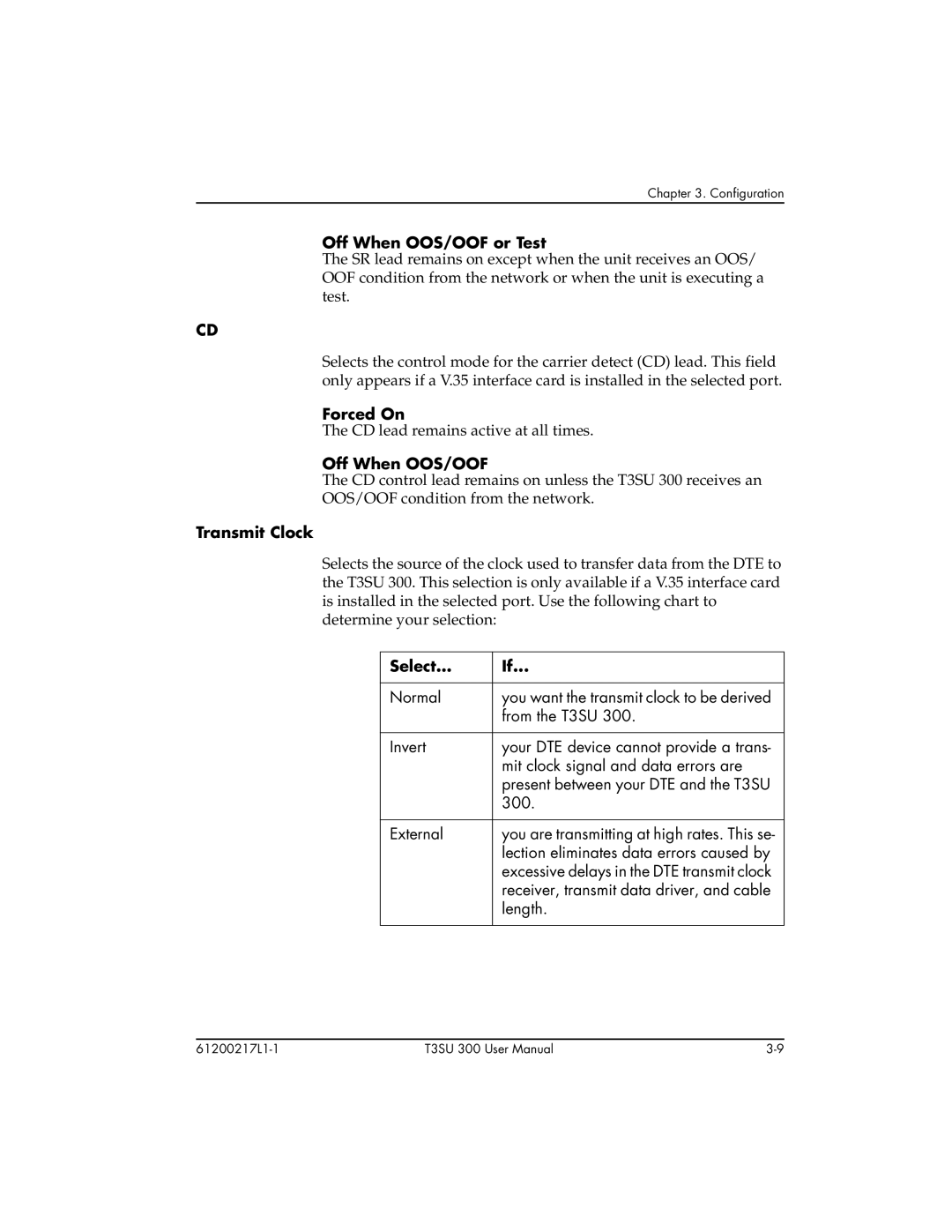 ADTRAN T3SU 300 user manual Off When OOS/OOF or Test, Transmit Clock, Select 