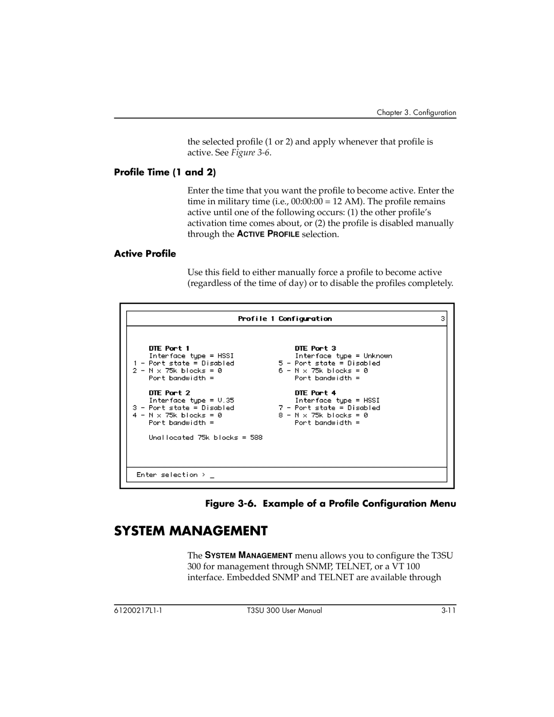 ADTRAN T3SU 300 user manual System Management, Profile Time 1, Active Profile 