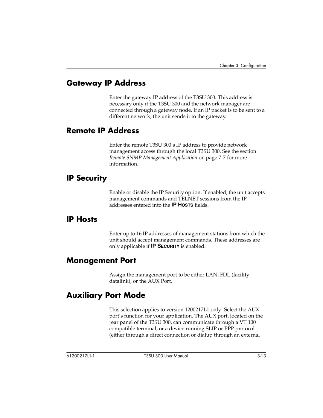 ADTRAN T3SU 300 Gateway IP Address, Remote IP Address, IP Security, IP Hosts, Management Port, Auxiliary Port Mode 