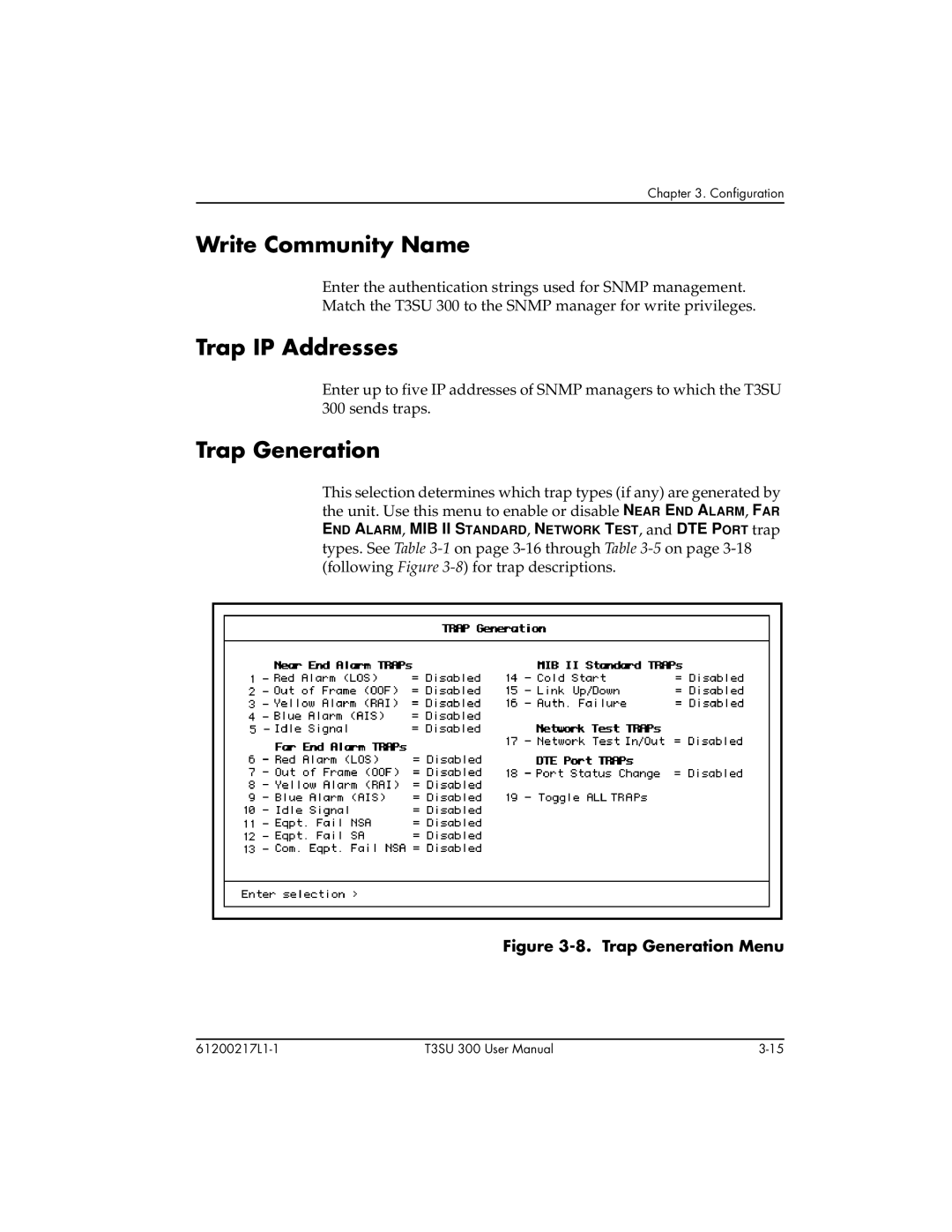 ADTRAN T3SU 300 user manual Write Community Name, Trap IP Addresses, Trap Generation 