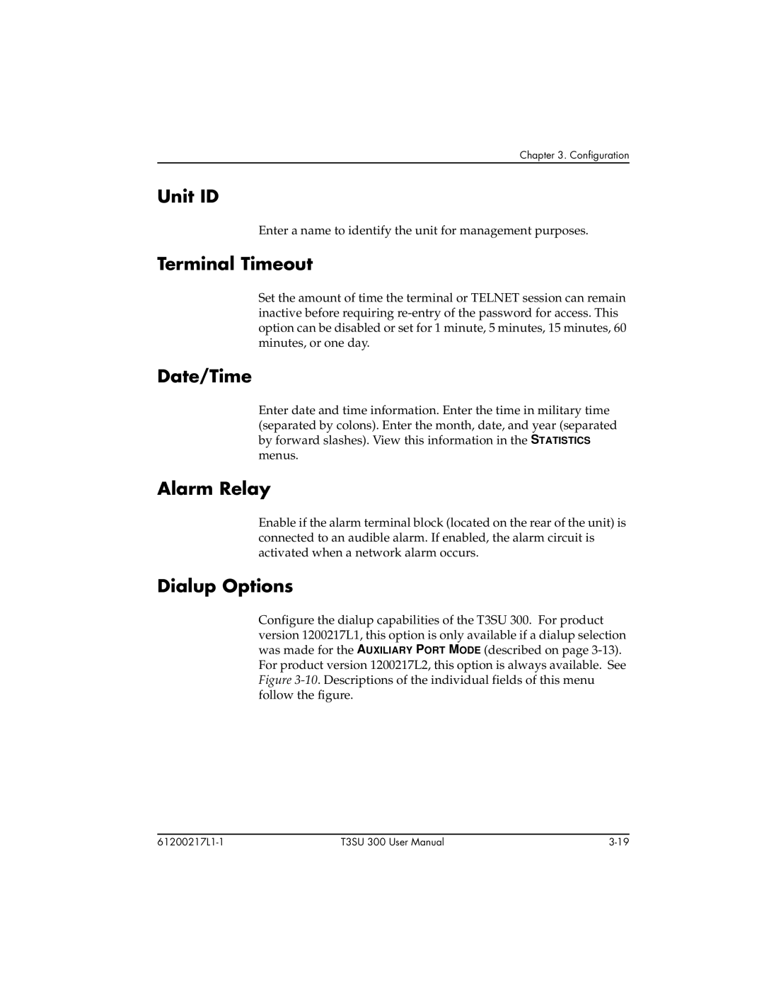 ADTRAN T3SU 300 user manual Unit ID, Terminal Timeout, Date/Time, Alarm Relay, Dialup Options 