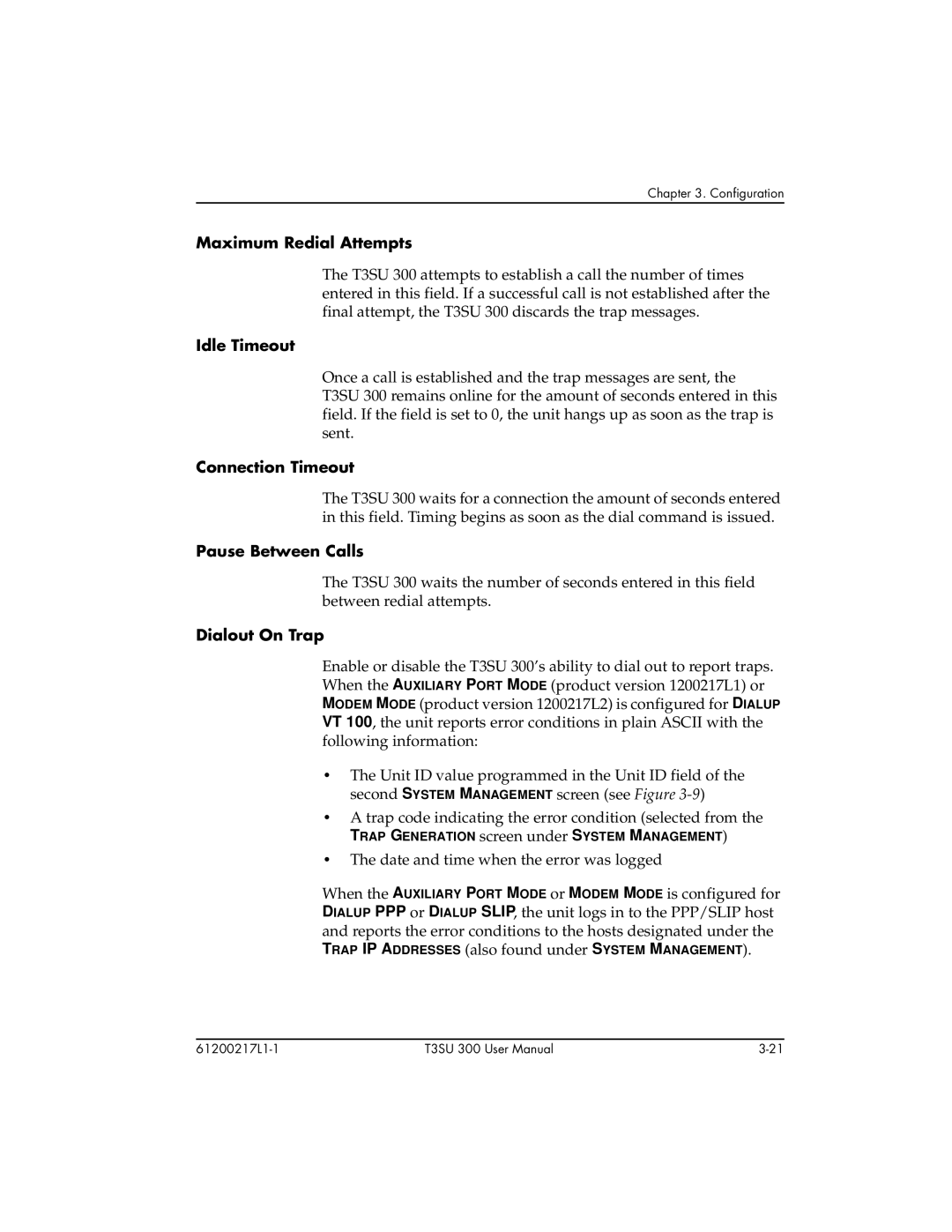 ADTRAN T3SU 300 user manual Maximum Redial Attempts, Idle Timeout, Connection Timeout, Pause Between Calls, Dialout On Trap 