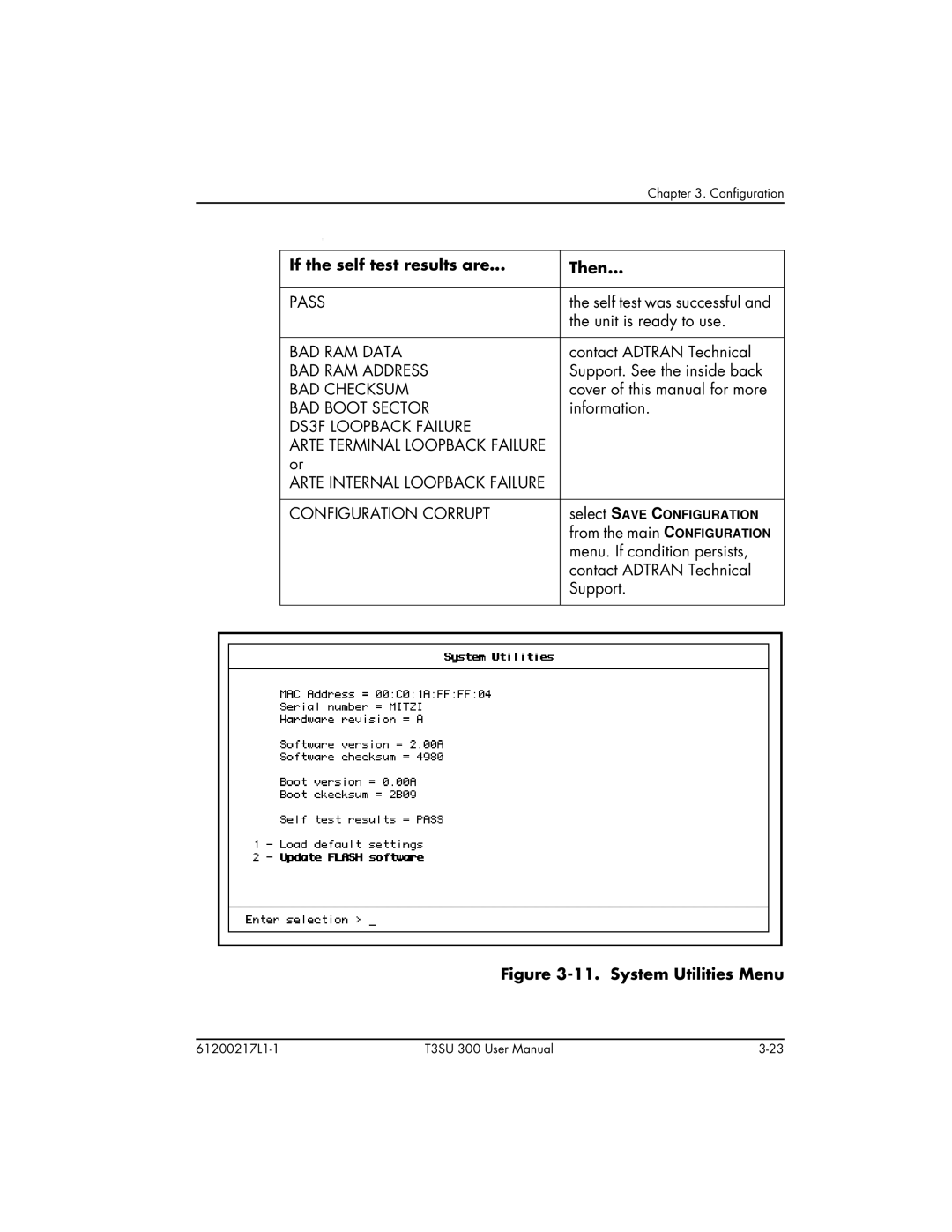 ADTRAN T3SU 300 user manual If the self test results are Then, System Utilities Menu 