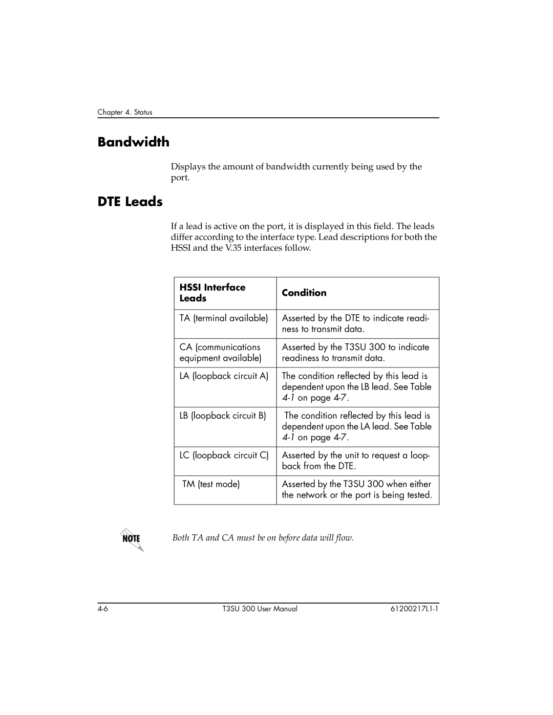 ADTRAN T3SU 300 user manual Bandwidth, DTE Leads, Hssi Interface Condition Leads 