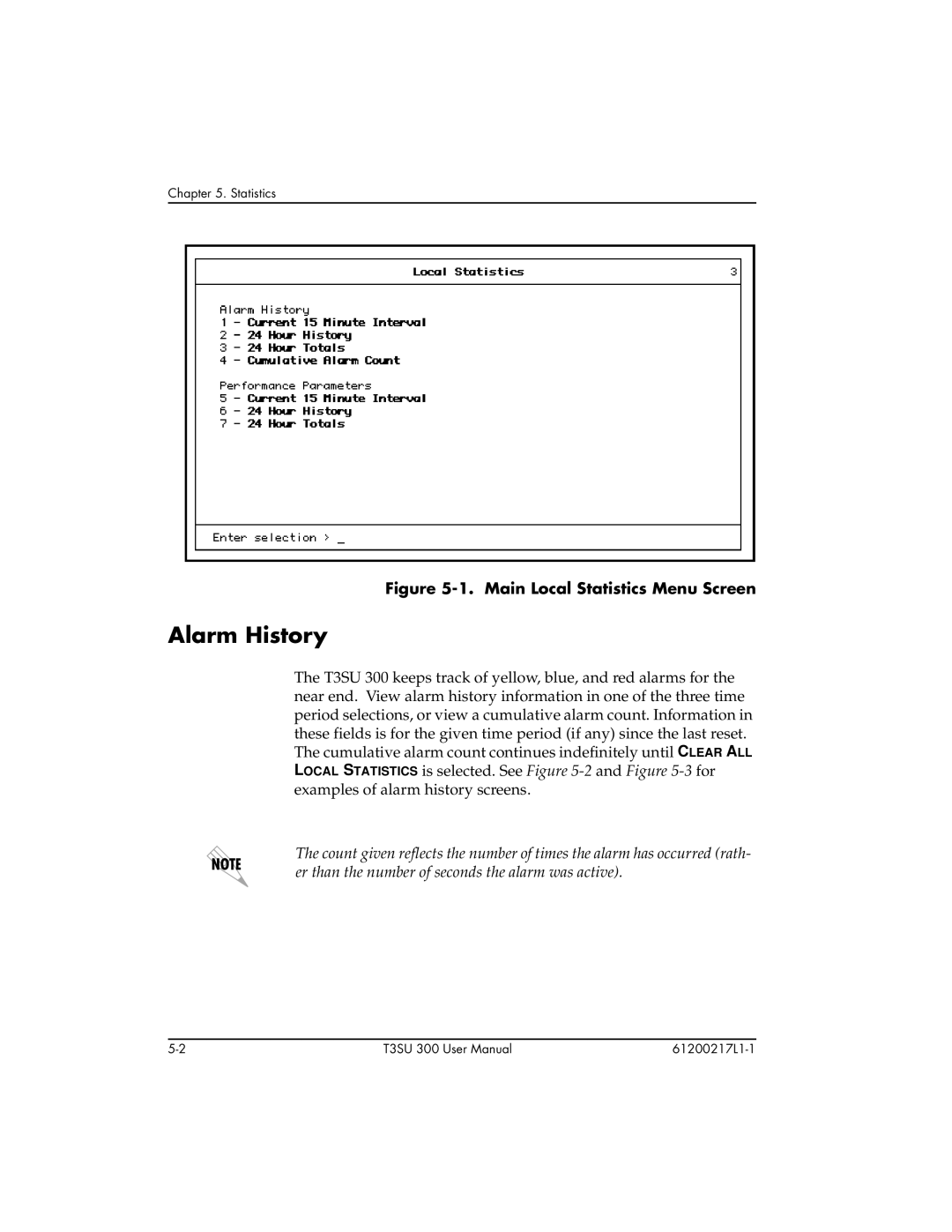 ADTRAN T3SU 300 user manual Alarm History, Main Local Statistics Menu Screen 