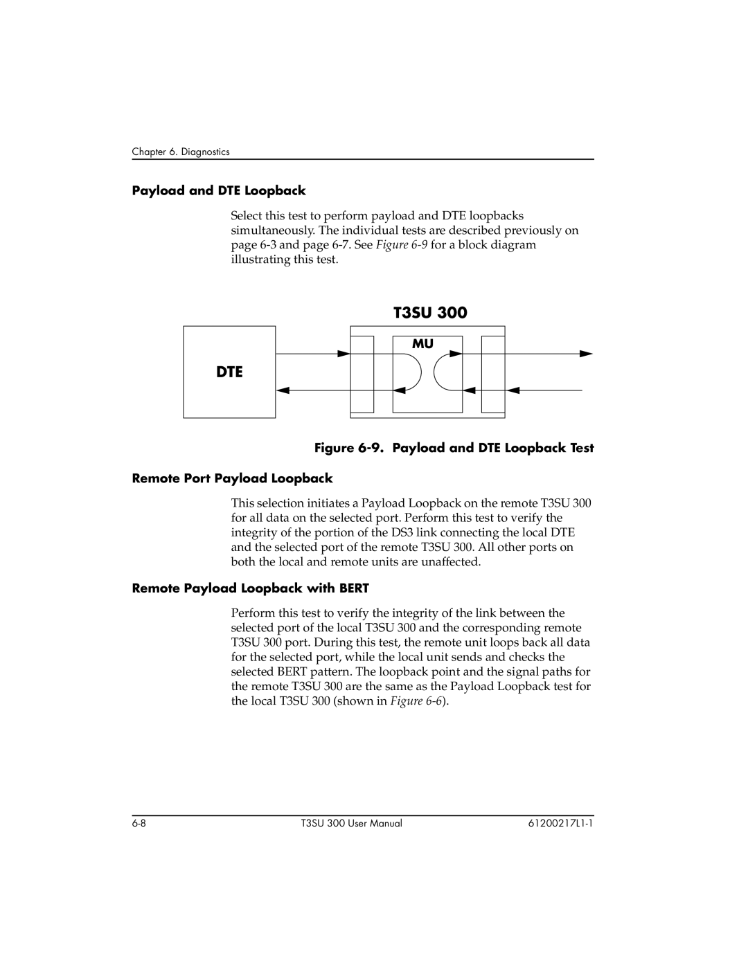 ADTRAN T3SU 300 user manual Payload and DTE Loopback, Remote Payload Loopback with Bert 