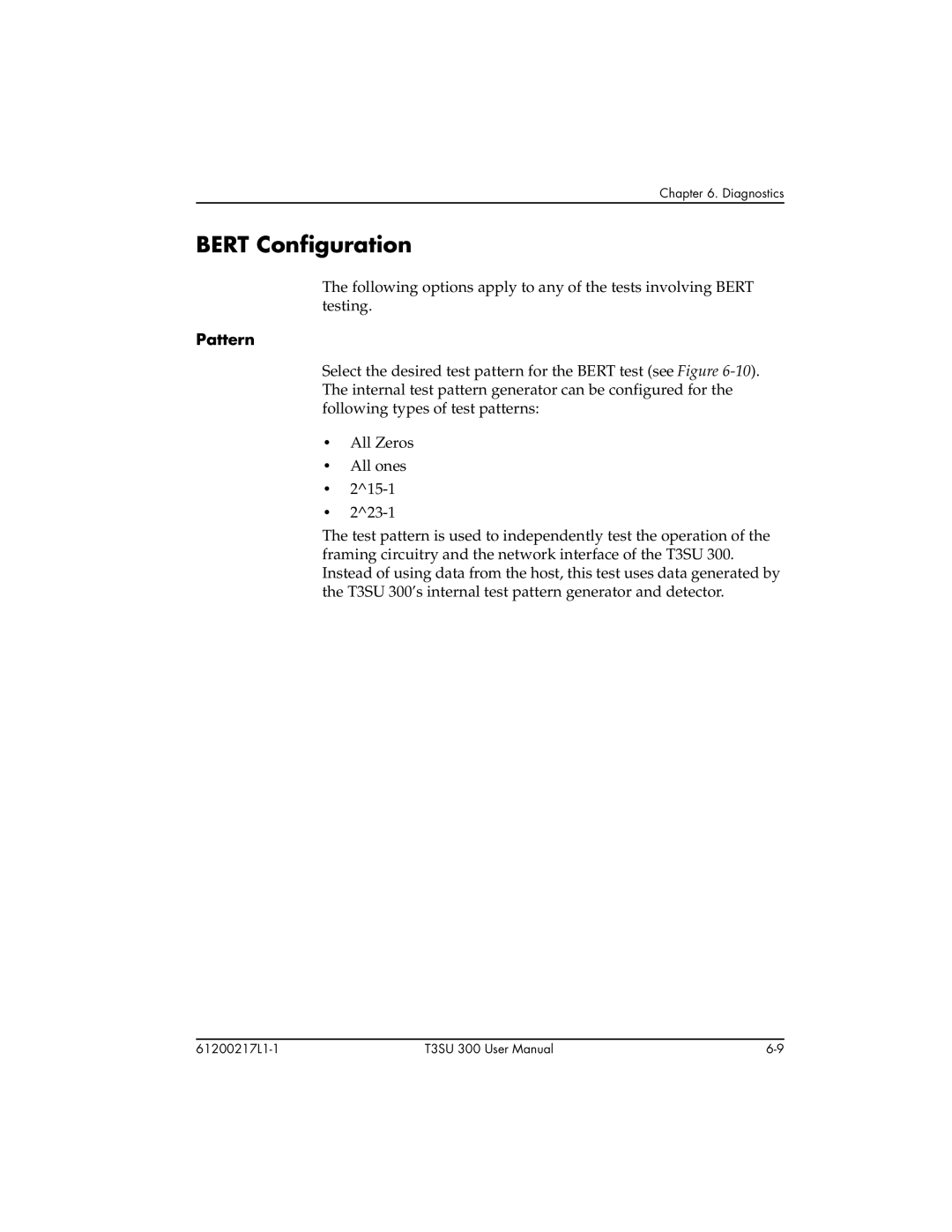 ADTRAN T3SU 300 user manual Bert Configuration, Pattern 