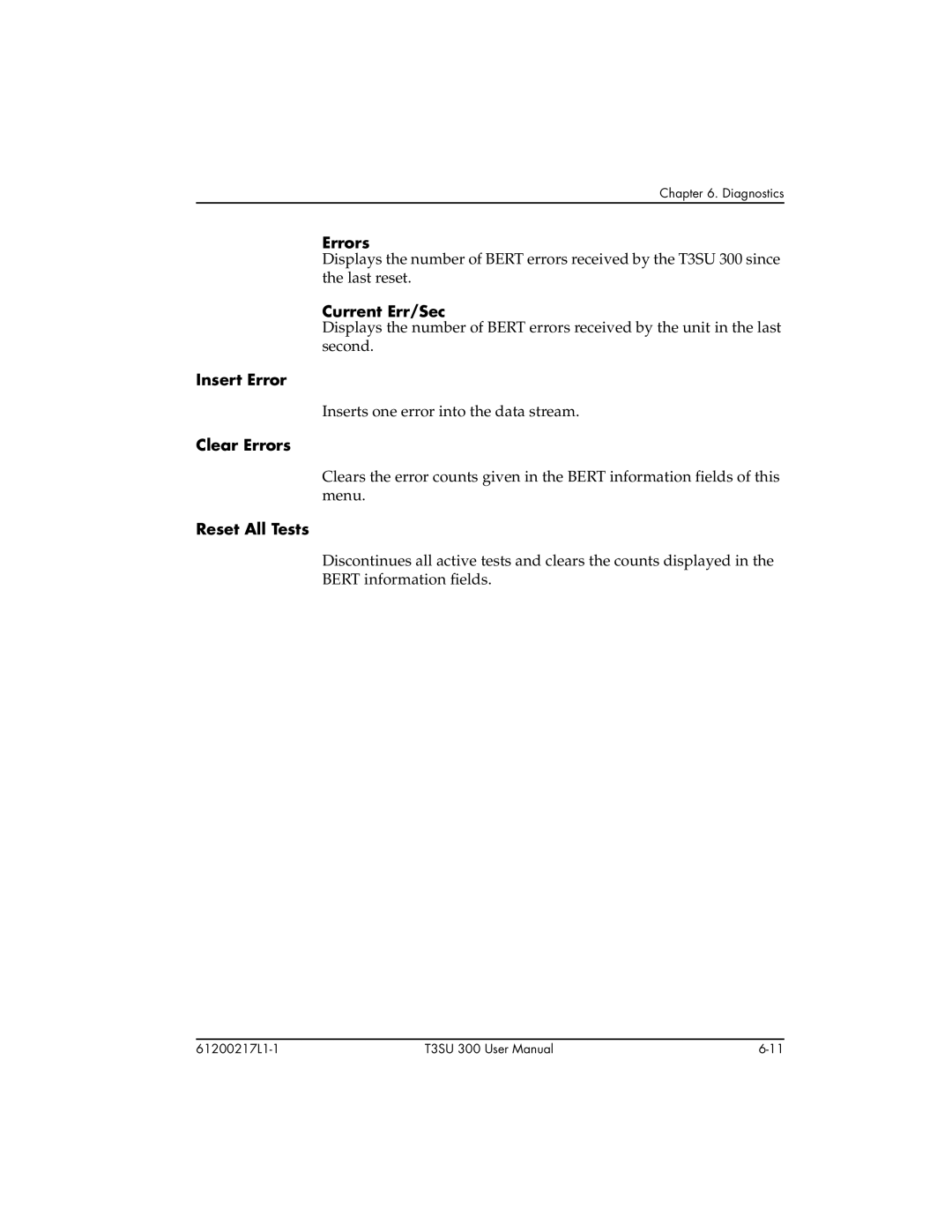 ADTRAN T3SU 300 user manual Current Err/Sec, Insert Error, Clear Errors, Reset All Tests 