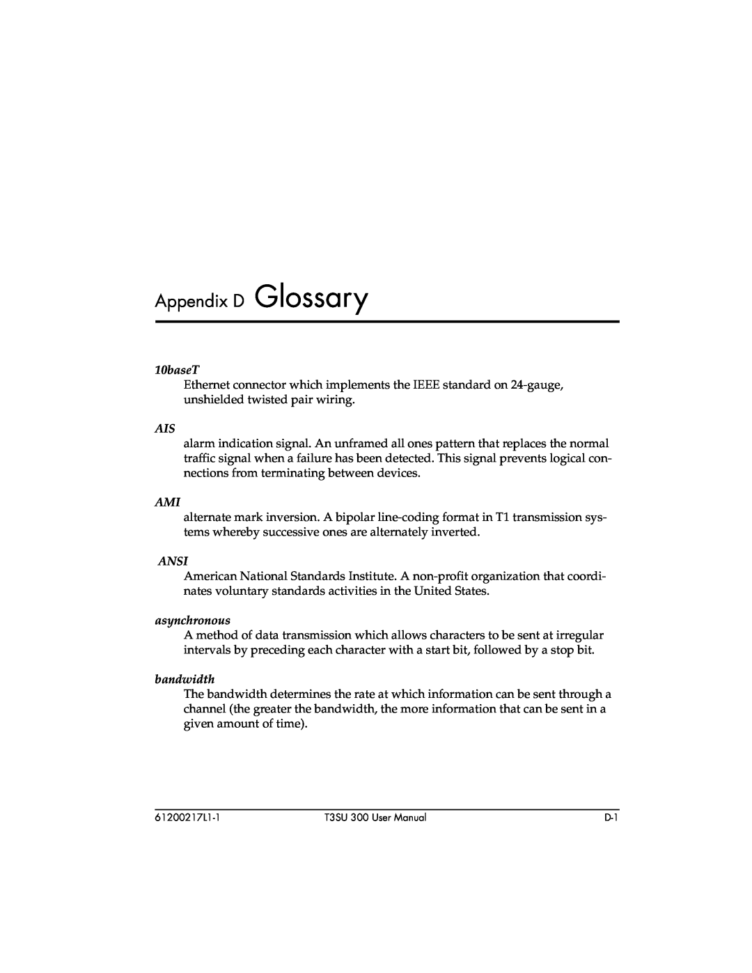 ADTRAN T3SU 300 user manual Appendix D Glossary, 10baseT, Ansi, asynchronous, bandwidth 